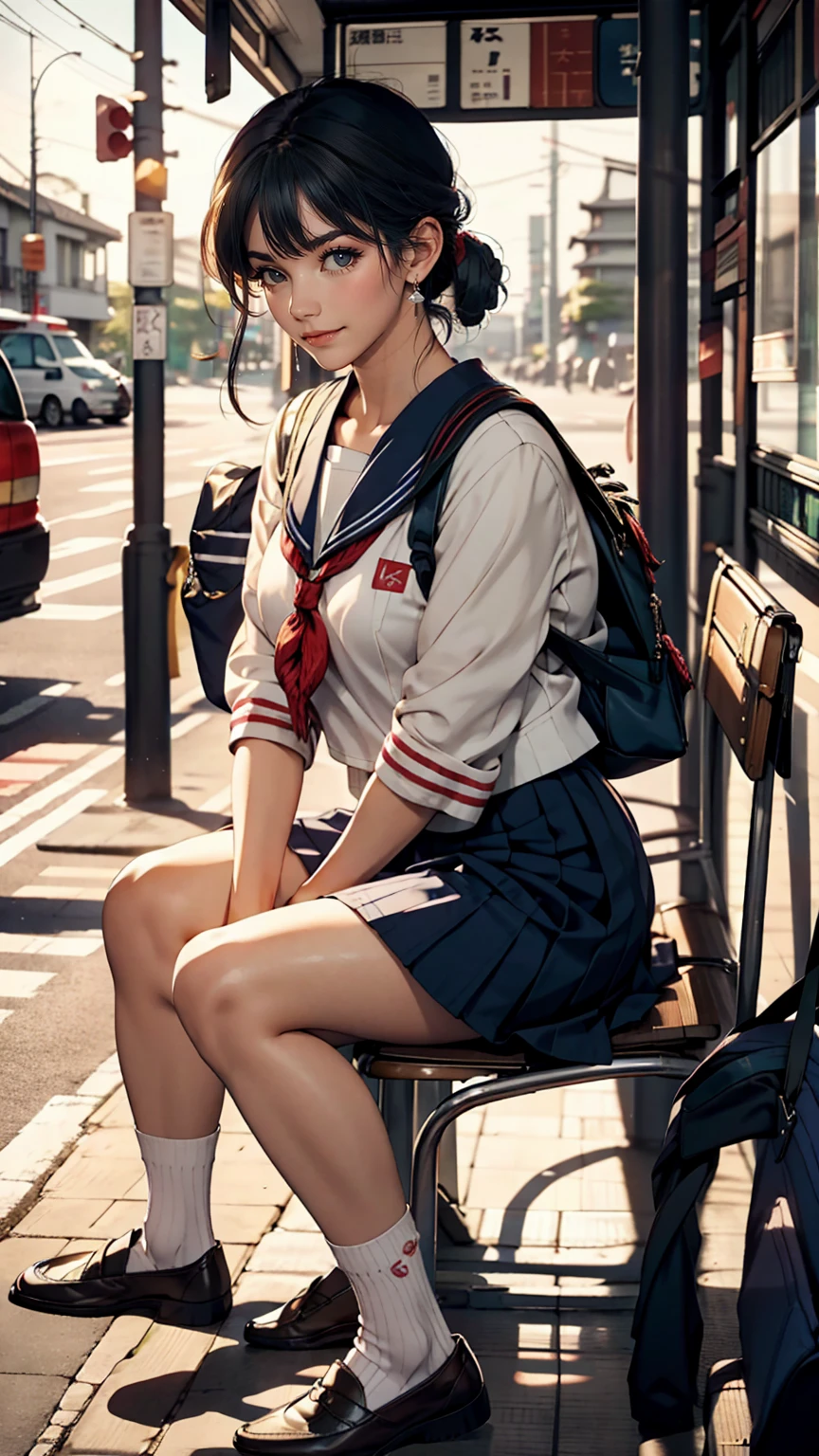 Japanese 、2 people、Sailor suit、Navy blue mini pleated skirt、loafers、School bag、Sitting on a chair in the bus stop waiting room, waiting for the bus、one summer day