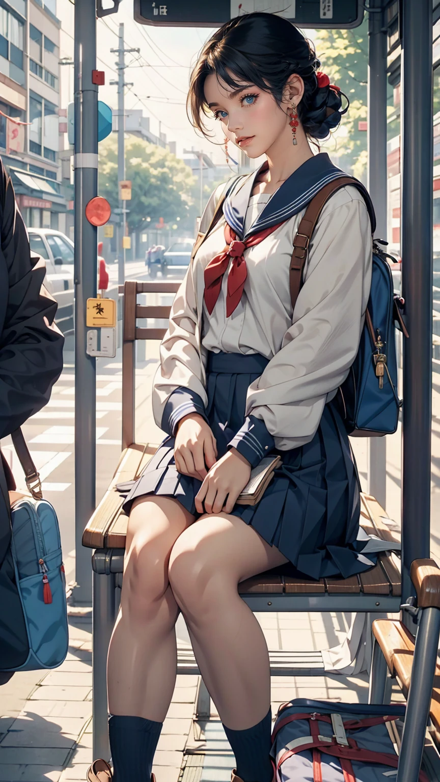 Japanese 、2 people、Sailor suit、Navy blue mini pleated skirt、loafers、School bag、Sitting on a chair in the bus stop waiting room, waiting for the bus、one summer day