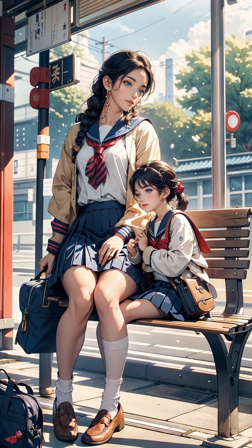 Japanese 、2 people、Sailor suit、Navy blue mini pleated skirt、loafers、School bag、Sitting on a chair in the bus stop waiting room, waiting for the bus、one summer day