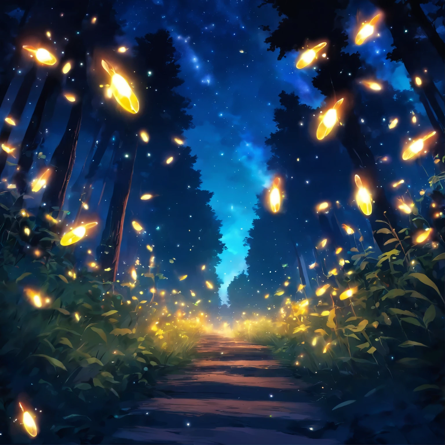 fireflies flying in the night sky above a forest path, fireflies and sparkling wisps, magical forest with fireflies, glowing fireflies, fireflies!!!!, firefly forest at night, fireflies!!, cozy night fireflies, fireflies around, fireflies glowing, fireflies flying in the forest, fireflies flying around, fireflies