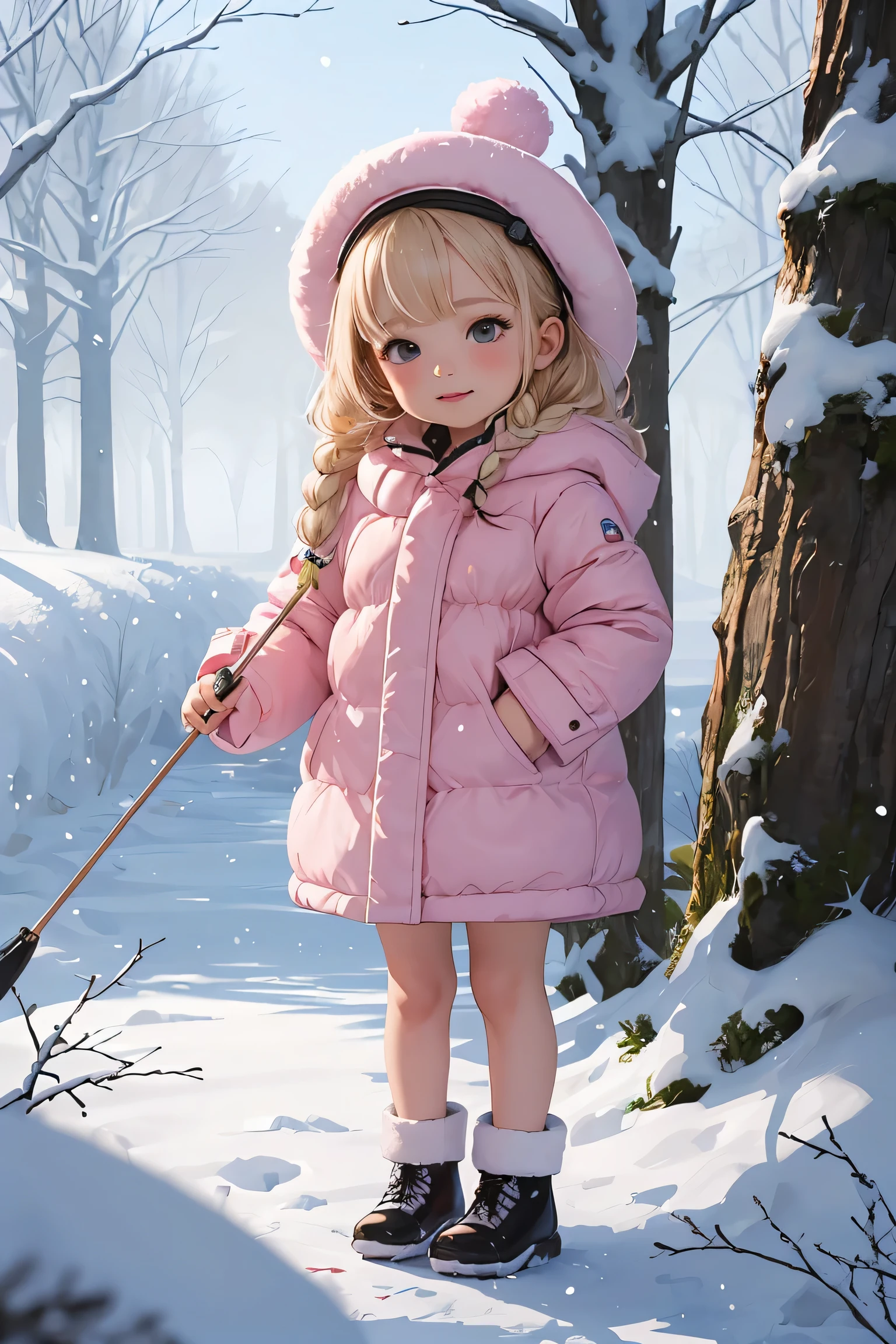 masterpiece ,best quality, Full body of a realistic sweetness baby chibi girl in winter, freckled with two braids in her long white blonde hair. She is playing in an enchanted winter magic garden. Clipart digital art style, pink colors, pink coat and hat. Very detailed