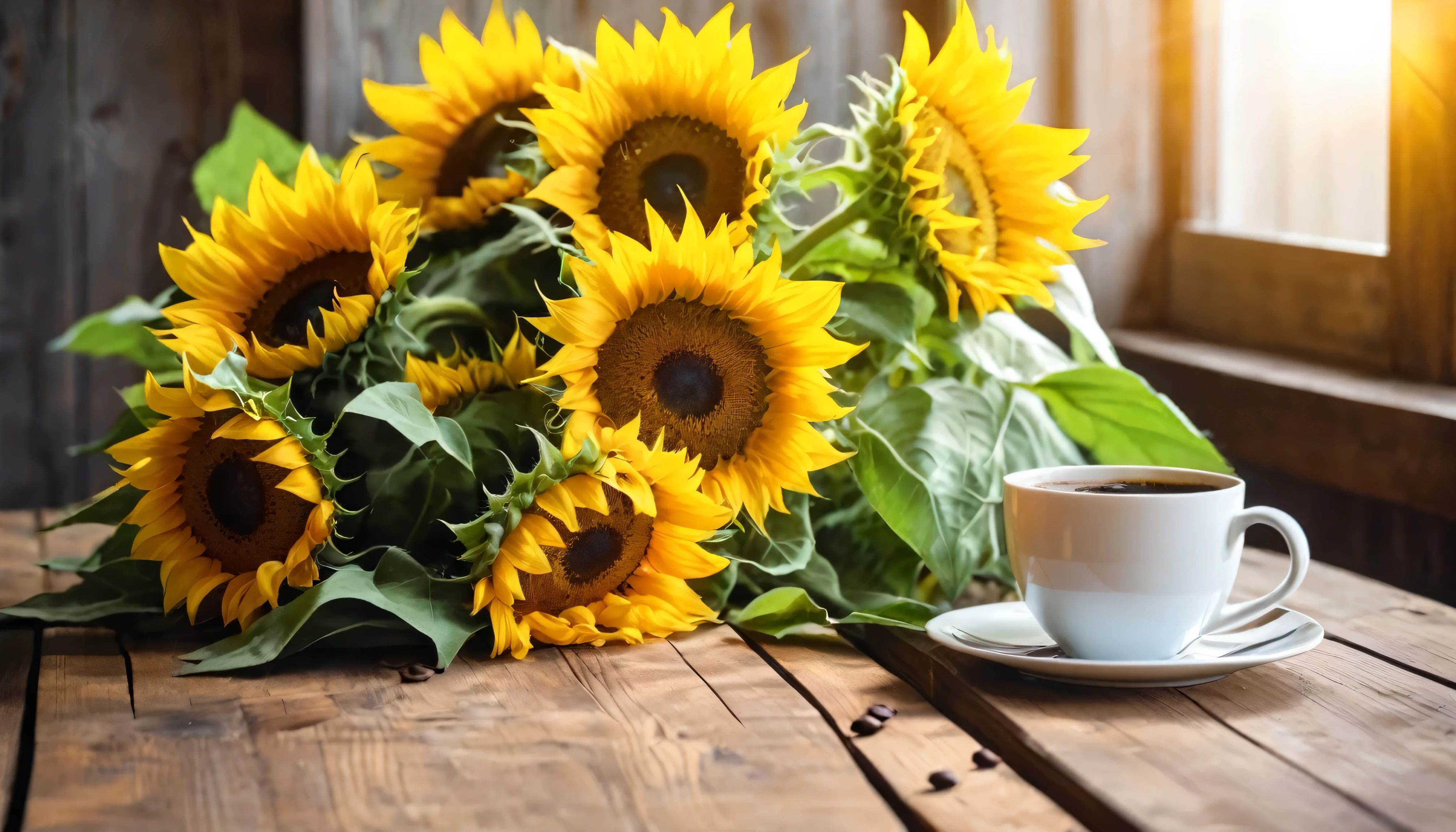 Closeup bouquet of sunflowers lying flat on wooden tabletop，Exquisite, beautiful and bright through soft light and shadow，Take away cup of coffee in the fresh and bright morning time。Viewed from a bird&#39;s eye view，The bokeh background adds a romantic atmosphere，There are no characters in the whole scene，Seems extremely peaceful and comfortable，With window background，Fresh bright bokeh background