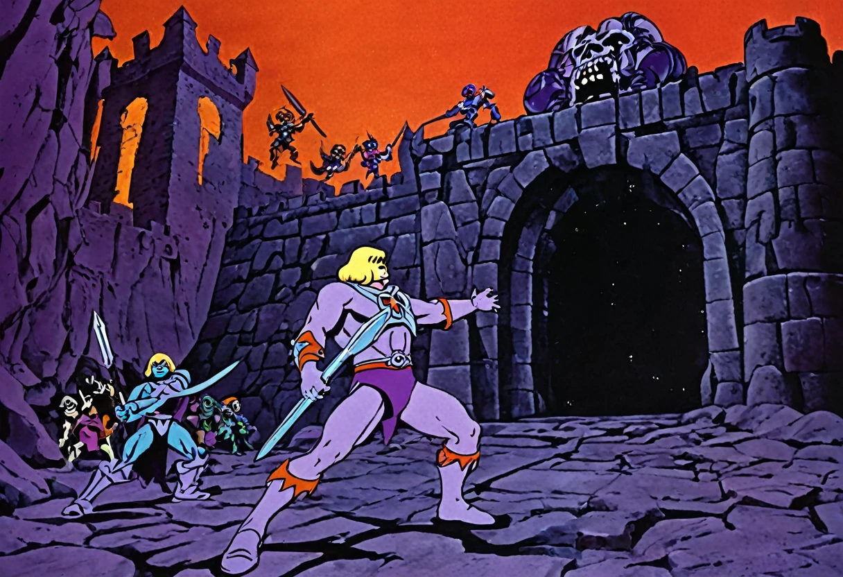 He Man and the Masters of the Universe, He Man battles Skeletor's minions to save a damsel in distress. Ruins of a castle