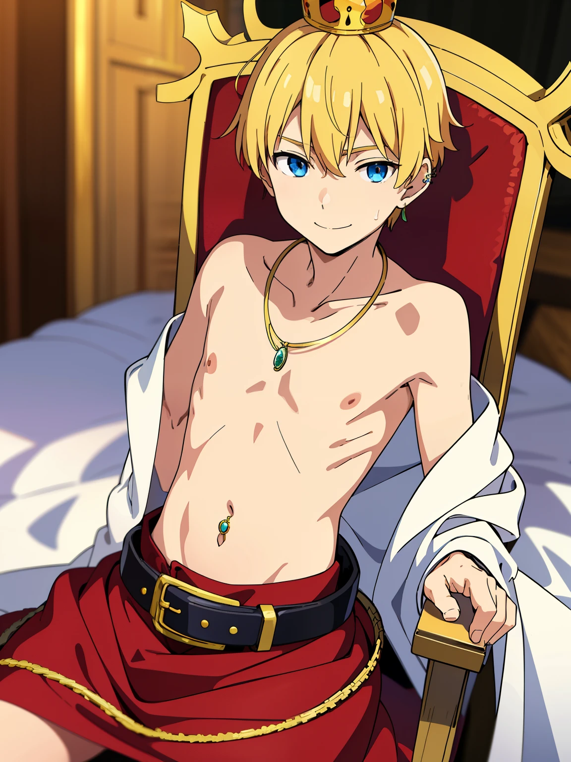 Highres, Masterpiece, Best quality at best,Best Quality,hight quality, hight detailed, 1boy, Boy, Solo, Blonde, Earring, Shota, British royal, King's robes, Luxurious crown, Double belts, Jawels necklace, Jawel navel piercing, Gloves, Sitting on the throne, Shirtless, Topless, Bare chest, Slim body, smile, sweat, Simple beckground, Seen from the front, Look at viewer, Upper body, Depth of field, (very small and short stature), (very young boy), ***************s, Blurry beckground