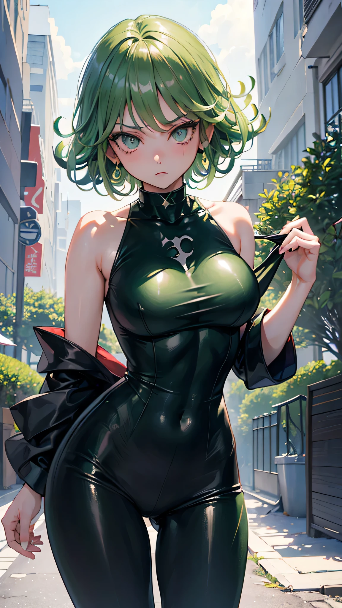(Masterpiece, Masterpiece), detailed face, detailed body, detailed eyes, anime girl with green curly hair, black outfit, tatsumaki from one punch man, tatsumaki, sexy, accurate, standing in front of a broken building