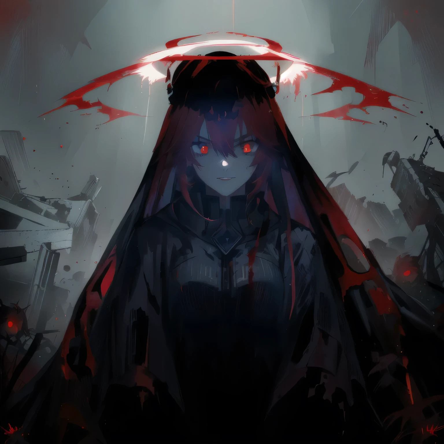 arafed image of a woman with a red cape and a halo, with red glowing eyes, with glowing red eyes, blood dripping from eyes, gapmoe yandere grimdark, red glowing eyes, fully red eyes, his eyes are bleeding intense, blood red eyes, with red eyes, his eyes are red and glowing, eyeless watcher, no face, surrounded by an apocalyptic desert wasteland.