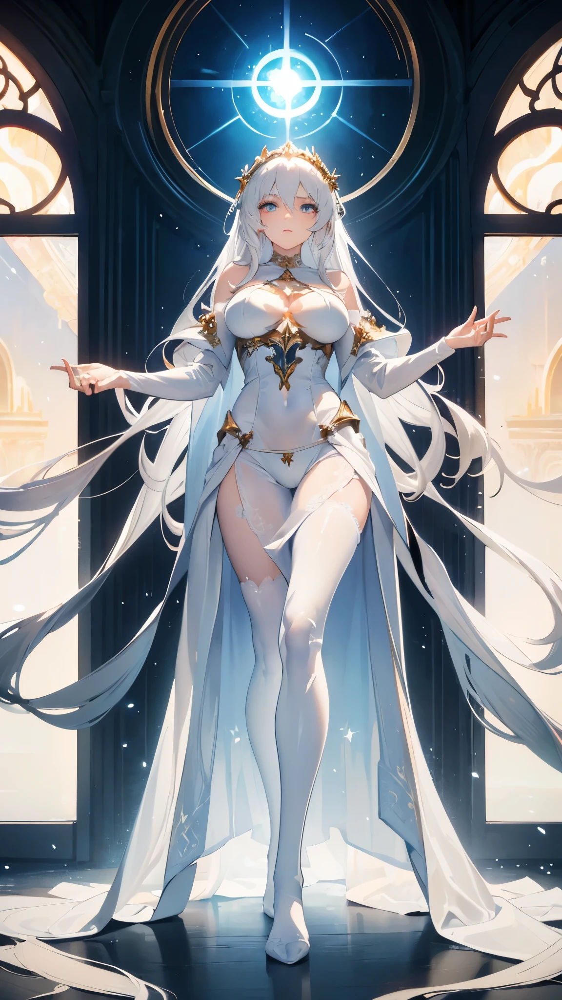 ((masterpiece, best quality)), Detailed face,Mage,robe,Full body painting,Perfect body proportions,Large Breasts,Long legs,White hair,Long wavy hair,beautiful eyes,Fantasy style,extremely beautiful,White background,Sun Crystal,Holy Light,transparent,Sex bikini,Lace,Pantyhose,exposed,Star decoration