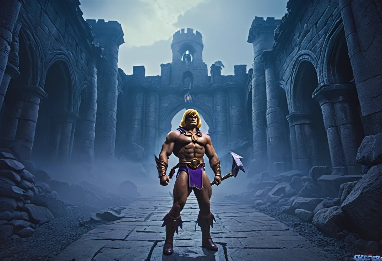 muscular He-Man, ruined castle, Skeletor's evil minions, damsel in distress, dramatic lighting, muted color palette, hyper-realistic, cinematic composition, volumetric fog, highly detailed, masterpiece, 8k, photorealistic, dramatic shadows, dynamic poses, intricate character designs