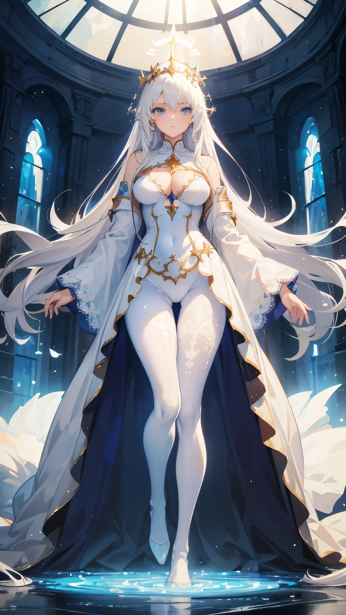 ((masterpiece, best quality)), Detailed face，Mage，robe，Full body painting，Perfect body proportions，Large Breasts，Long legs，White hair，Long wavy hair，beautiful eyes，Fantasy style，extremely beautiful，White background，Sun Crystal，Holy Light，transparent，Sex bikini，Lace，Pantyhose，exposed，Star decoration