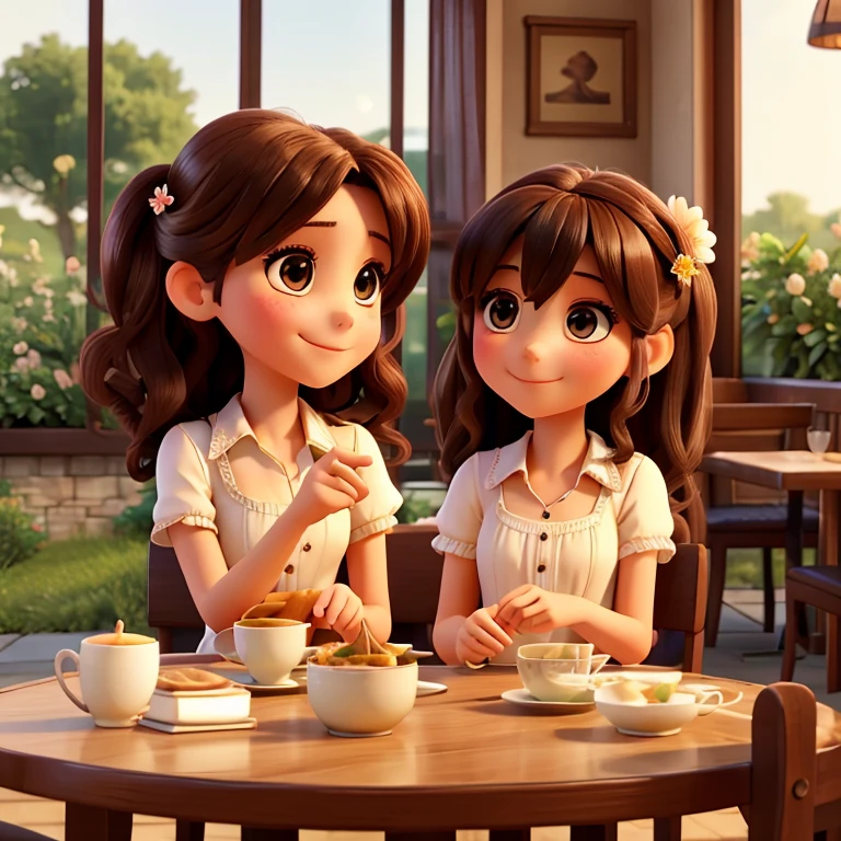 photo of two beautiful girls at a table in a cafe, they look at each other and smile. A beautiful blooming garden in the background.