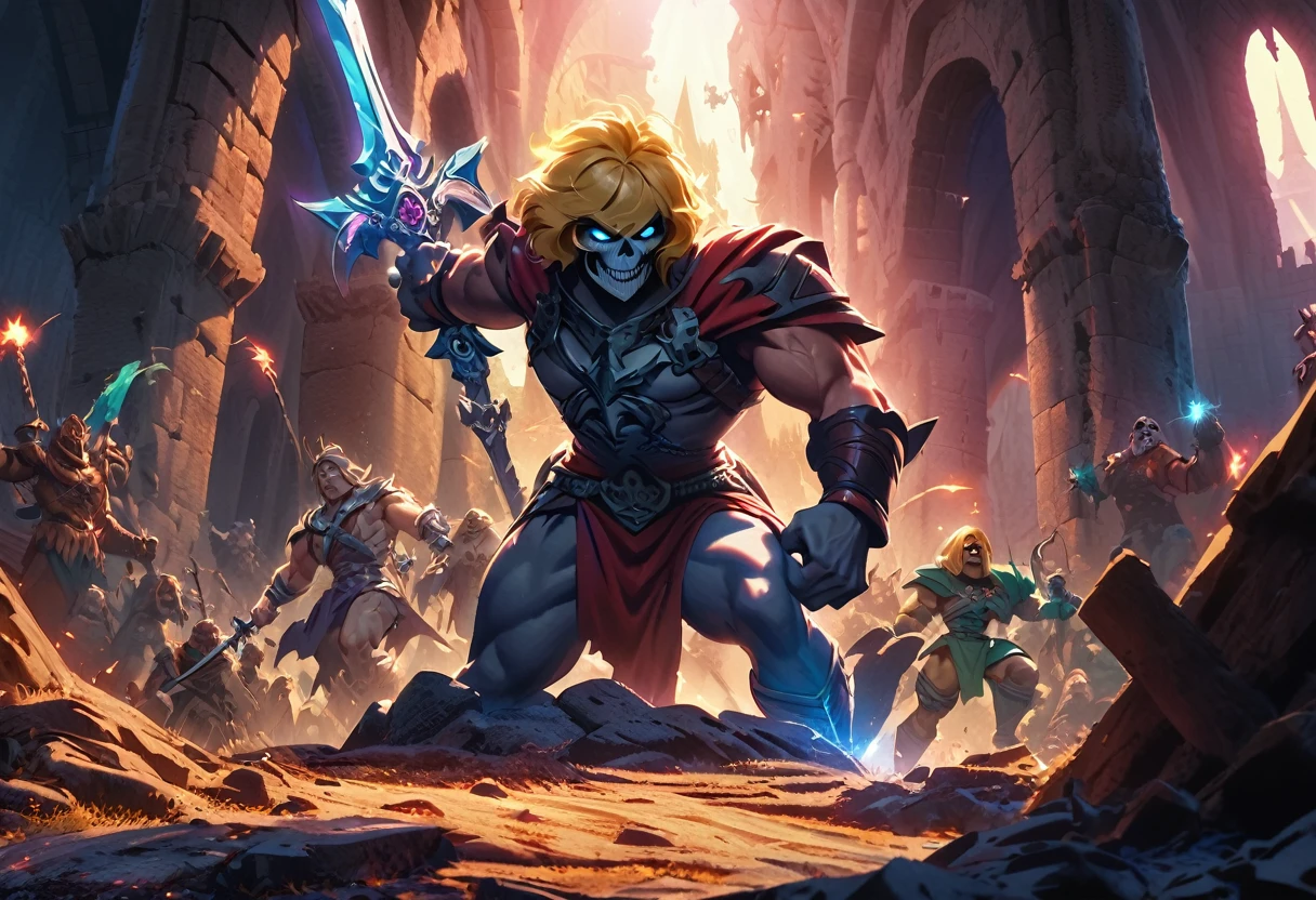 He-Man,muscular man,blonde hair,blue eyes,heroic pose,holds sword,castle ruins,medieval architecture,Skeletor,skeletal villain,evil minions,damsel in distress,princess,peril,dramatic lighting,vibrant colors,cinematic,hyper-detailed,epic fantasy,award-winning illustration