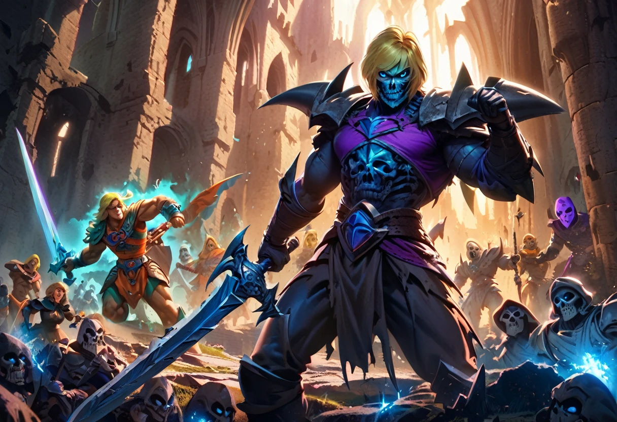 He-Man,muscular man,blonde hair,blue eyes,heroic pose,holds sword,castle ruins,medieval architecture,Skeletor,skeletal villain,evil minions,damsel in distress,princess,peril,dramatic lighting,vibrant colors,cinematic,hyper-detailed,epic fantasy,award-winning illustration
