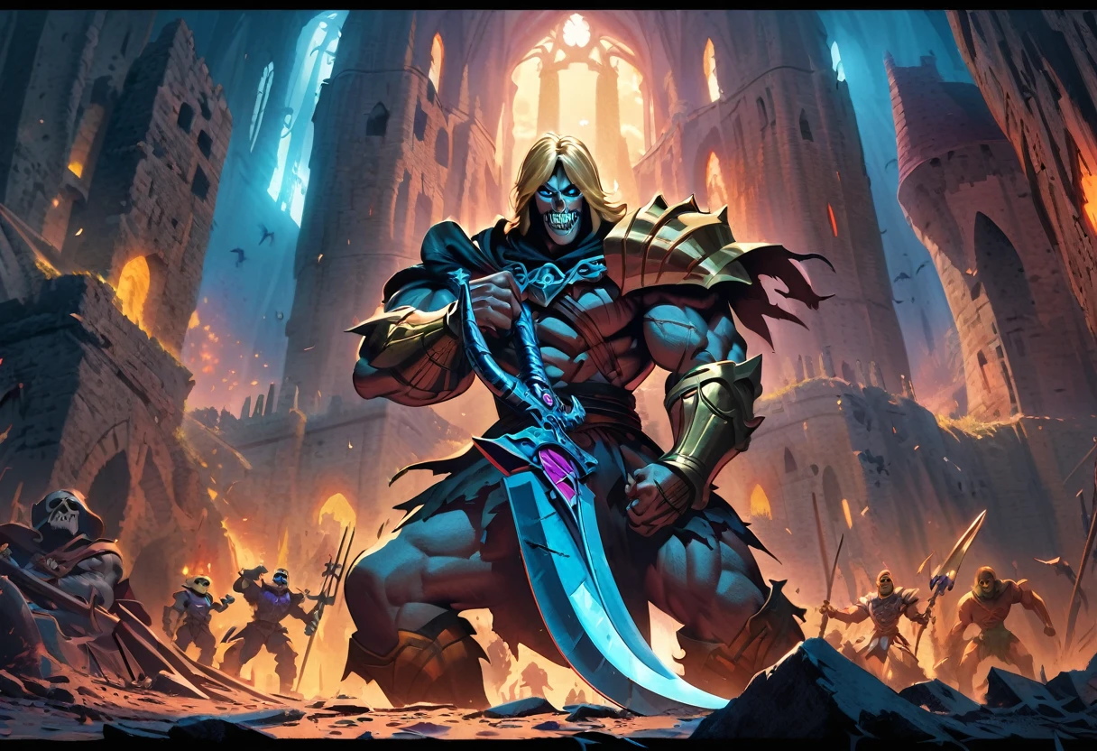 He-Man,muscular man,blonde hair,blue eyes,heroic pose,holds sword,castle ruins,medieval architecture,Skeletor,skeletal villain,evil minions,damsel in distress,princess,peril,dramatic lighting,vibrant colors,cinematic,hyper-detailed,epic fantasy,award-winning illustration