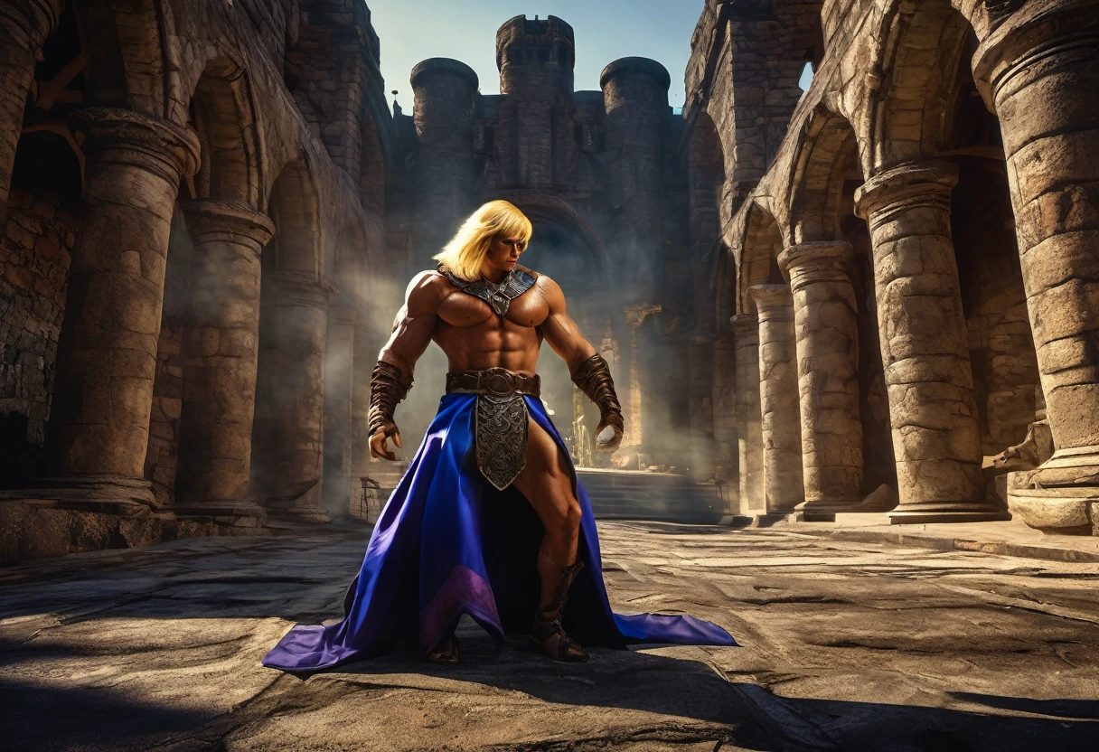 a muscular man in a furry loincloth, blonde hair,blue eyes, He-Man, dramatic lighting, ruins of a castle, Skeletor's minions, damsel in distress, fantasy, epic battle, dark moody colors, dramatic shadows, high contrast, cinematic composition, grandiose, (best quality,8k,highres,masterpiece:1.2),ultra-detailed,(realistic,photorealistic,photo-realistic:1.37),dramatic lighting,cinematic,concept art