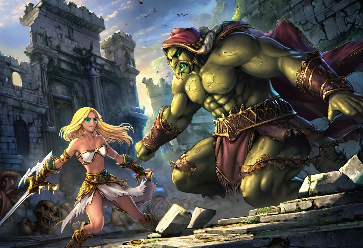 a heroic male muscular figure with blonde hair,green eyes, chiseled face, wearing a furry loincloth, battles evil skeletal creatures, saving a beautiful young woman in distress, surrounded by the ruins of an ancient castle, cinematic lighting, dramatic fantasy atmosphere, highly detailed, 8k, hyper realistic, vibrant colors, photorealistic