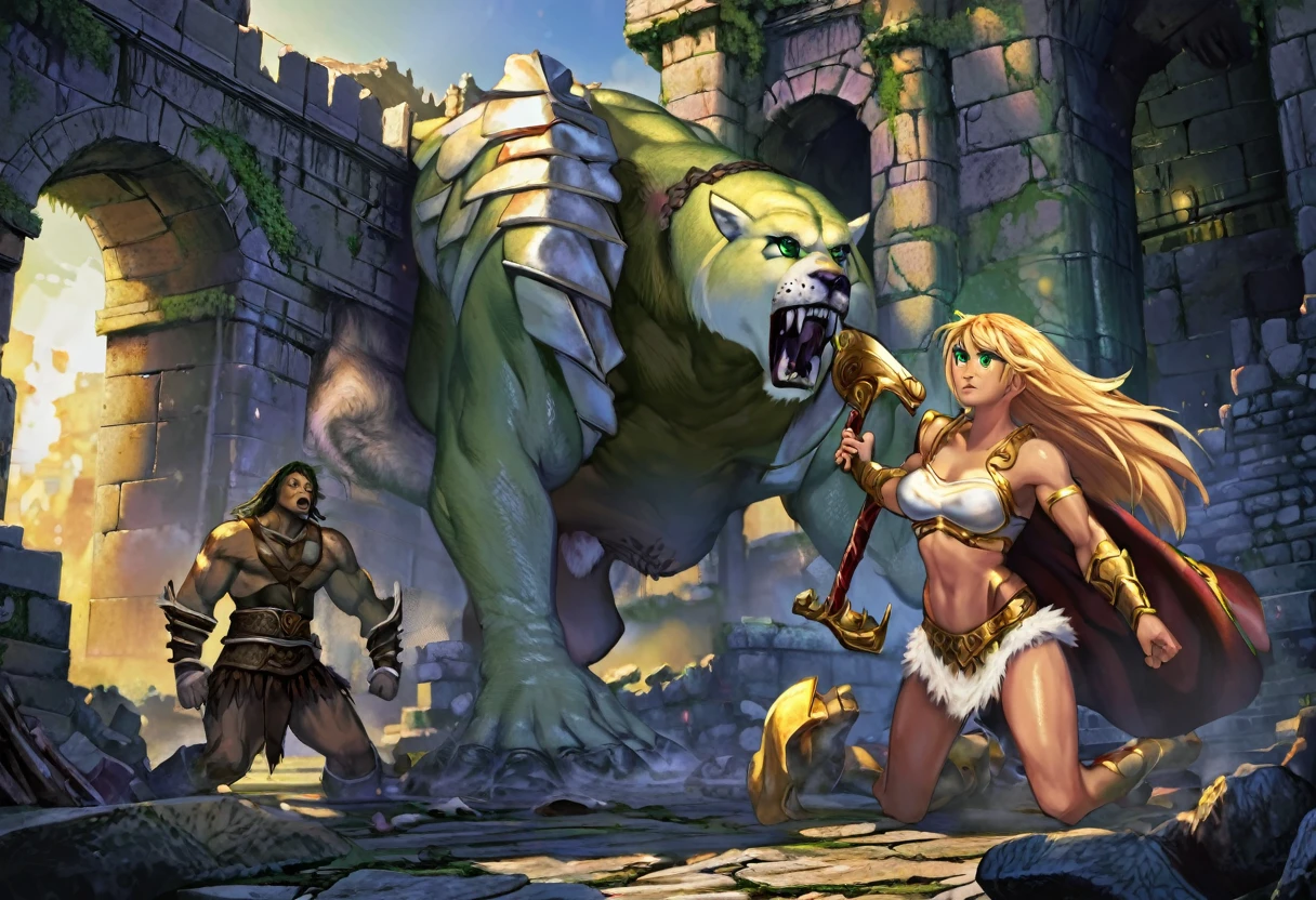 a heroic male muscular figure with blonde hair,green eyes, chiseled face, wearing a furry loincloth, battles evil skeletal creatures, saving a beautiful young woman in distress, surrounded by the ruins of an ancient castle, cinematic lighting, dramatic fantasy atmosphere, highly detailed, 8k, hyper realistic, vibrant colors, photorealistic