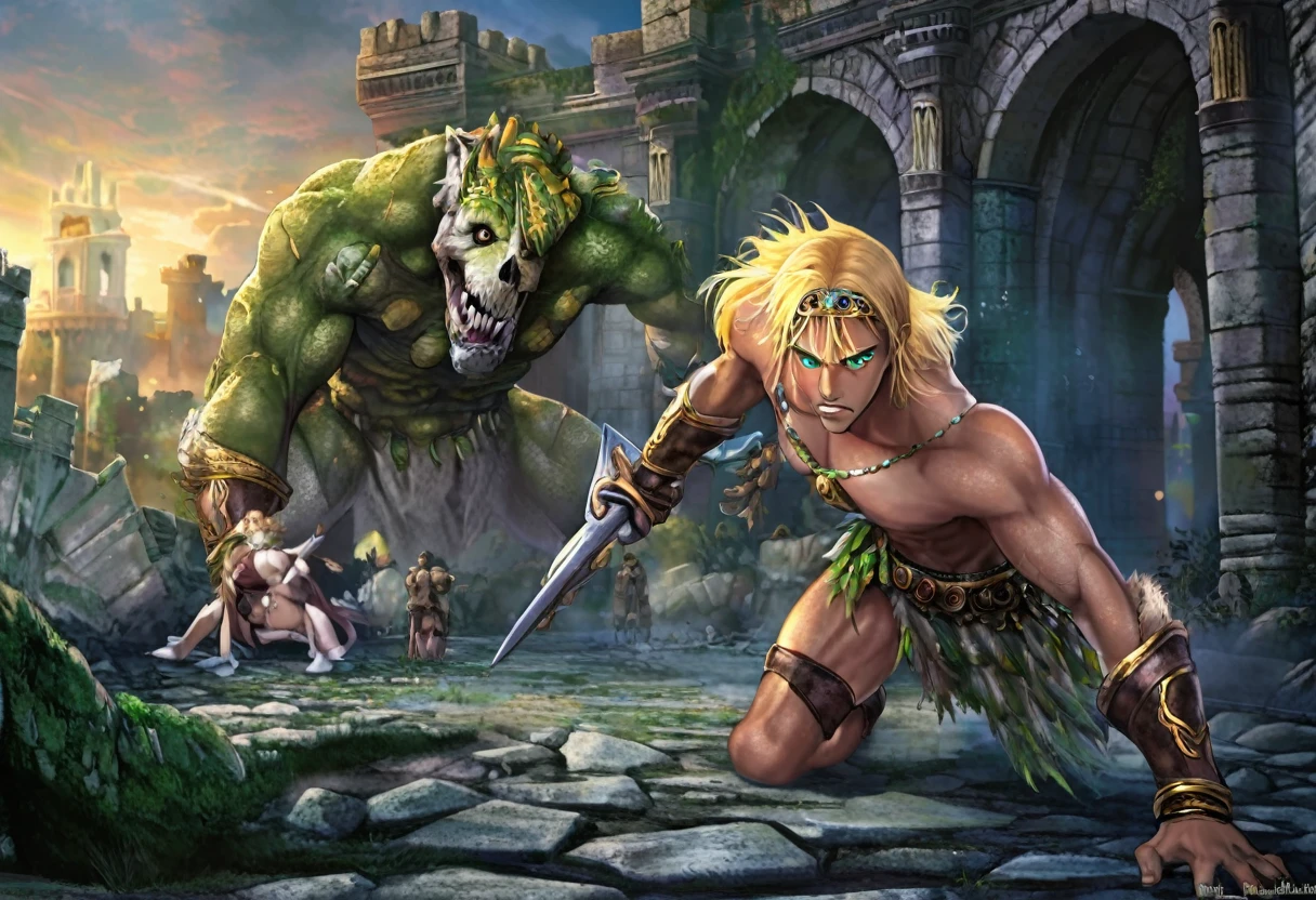 a heroic male muscular figure with blonde hair,green eyes, chiseled face, wearing a furry loincloth, battles evil skeletal creatures, saving a beautiful young woman in distress, surrounded by the ruins of an ancient castle, cinematic lighting, dramatic fantasy atmosphere, highly detailed, 8k, hyper realistic, vibrant colors, photorealistic
