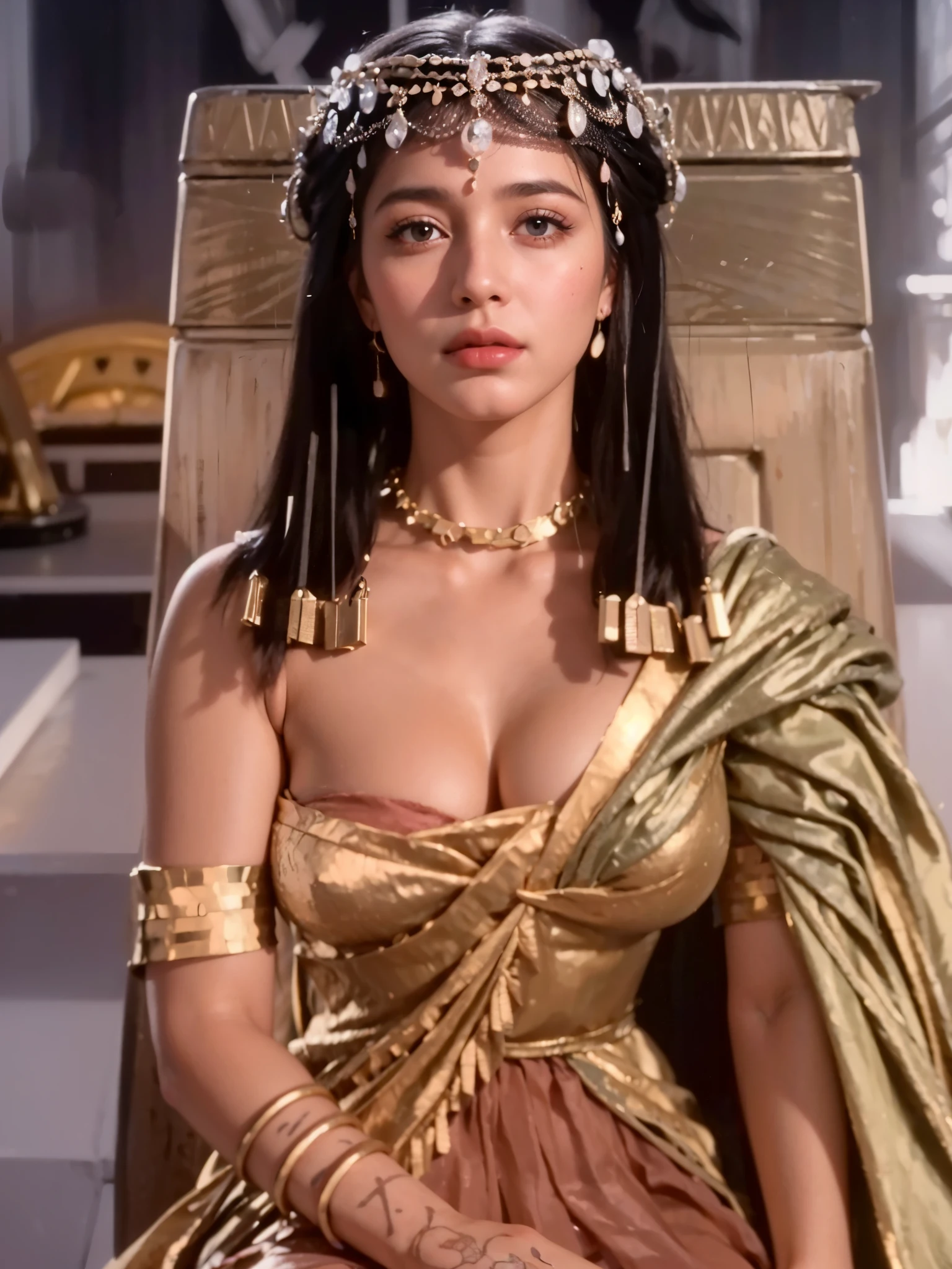 Portrait of a woman, princess Cleopatra, (highly detailed face:1.4) (smile:0.7) (background inside dark, moody, private study:1.3) POV, by lee jeffries, nikon d850, film stock photograph ,4 kodak portra 400 ,camera f1.6 lens ,rich colors ,hyper realistic ,lifelike texture, dramatic lighting , cinestill 800