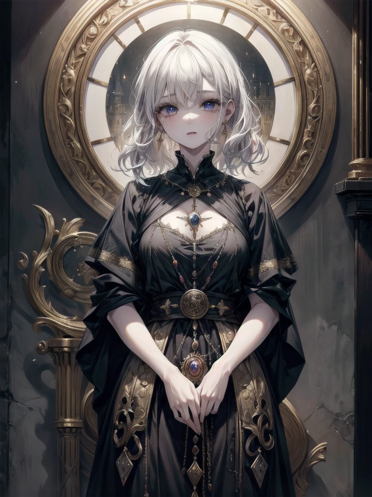 whole body, traditional witch outfit, absurdres, RAW photo, extremely delicate and beautiful, masterpiece, Best Quality, ultra high resolution, 32k, hyperrealistic, ultra-detailed, perfect figure, perfect shape, detailed description, pale skin, 20 years old, detailed beautiful face and eyes, tearful mole, earring, short medium hair, wavy hair,