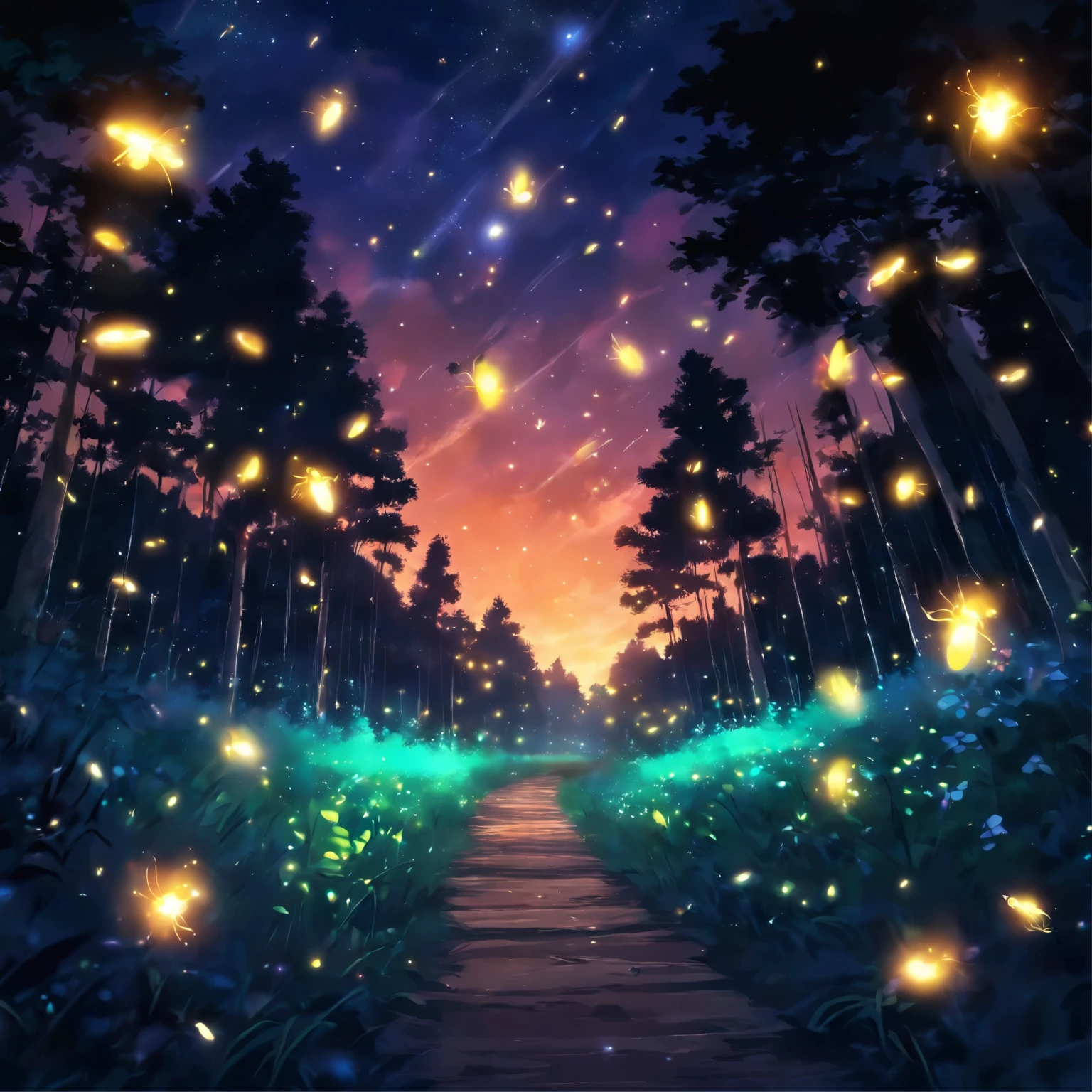 fireflies flying in the night sky above a forest path, fireflies and sparkling wisps, magical forest with fireflies, glowing fireflies, fireflies!!!!, firefly forest at night, fireflies!!, cozy night fireflies, fireflies around, fireflies glowing, fireflies flying in the forest, fireflies flying around, fireflies