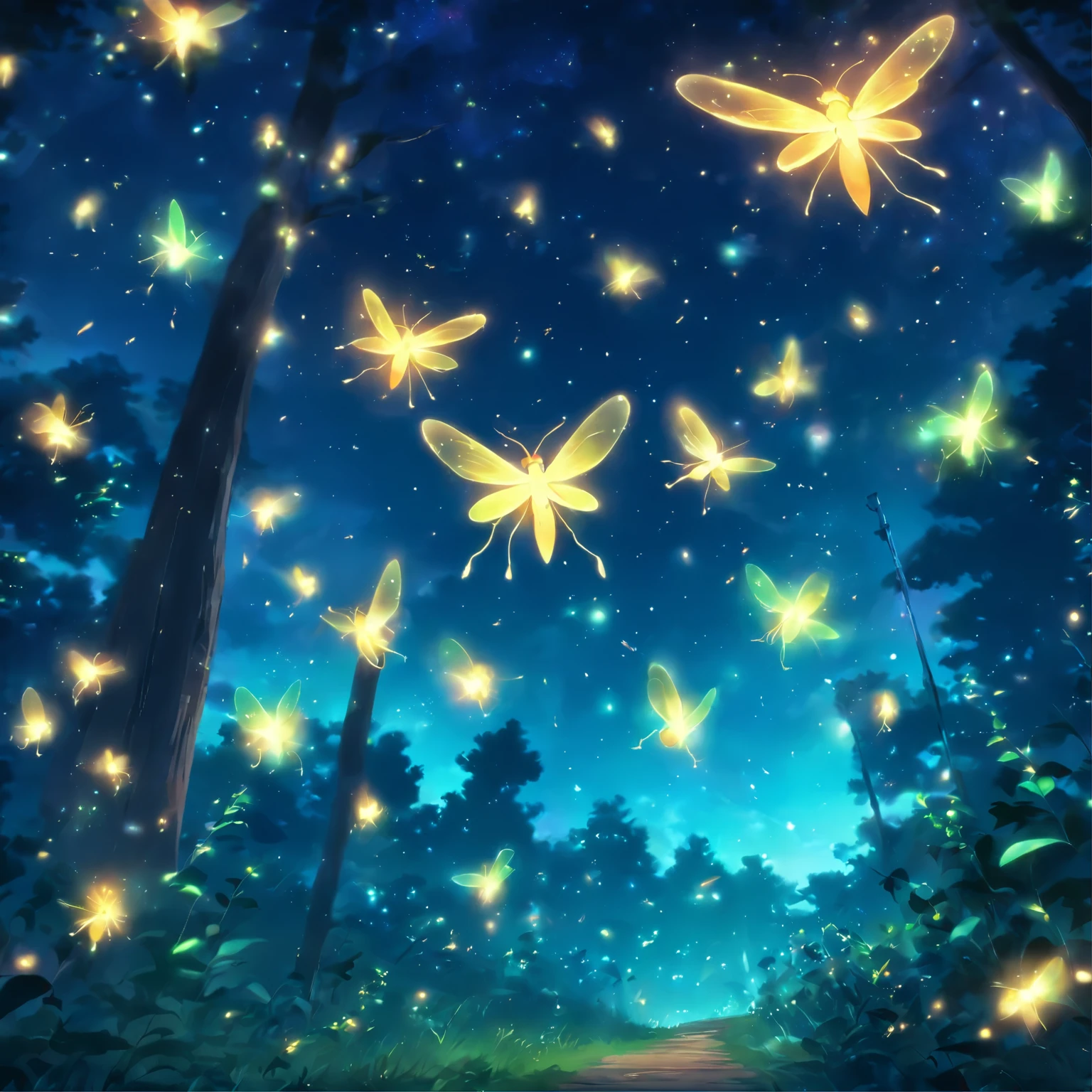 fireflies flying in the night sky above a forest path, fireflies and sparkling wisps, magical forest with fireflies, glowing fireflies, fireflies!!!!, firefly forest at night, fireflies!!, cozy night fireflies, fireflies around, fireflies glowing, fireflies flying in the forest, fireflies flying around, fireflies