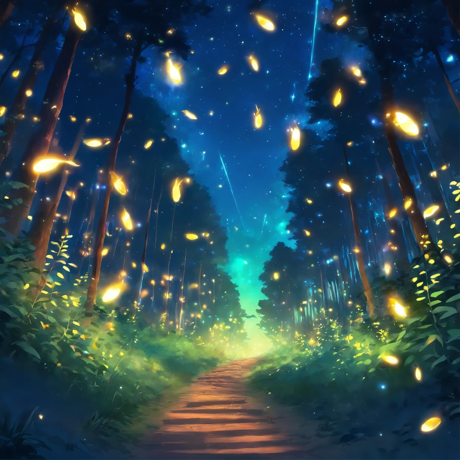 fireflies flying in the night sky above a forest path, concept art by Yang J, tumblr, conceptual art, fireflies and sparkling wisps, magical forest with fireflies, glowing fireflies, fireflies!!!!, firefly forest at night, fireflies!!, cozy night fireflies, fireflies around, fireflies glowing, fireflies flying in the forest