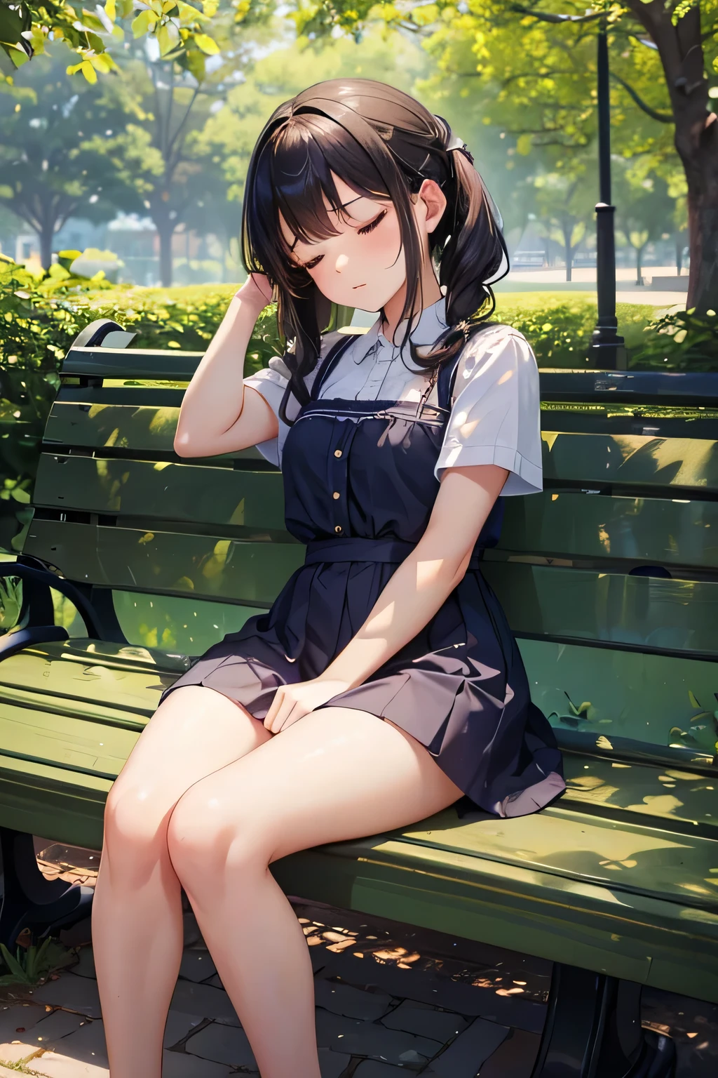 highest quality、High resolution、Detailed Background、(Beautiful face in every detail:1.4)、Anatomically correct、Hide your hands、(Detailed facial expressions)、(Detailed eyes:1.2)、(Detailed eyes:1.2)、Teenage beauty、(Highly detailed face:1.4)、Cute hair colour、Bob、ponytail、Twin tails、well-groomed eyebrows、A picturesque scene、
(A girl sleeping peacefully on a park bench:1.5)、
In a corner of the lush park, there is a bench with a shady, relaxing atmosphere.、
There you can see a girl sleeping with a relaxed expression.、
The soft sunlight reflects off the girl, giving her an angelic aura.、
The way she stretches out her legs and curls up in a ball makes her look like she is enjoying a truly blissful time.、Are you having fun in your dreams?、
Her calm expression truly expresses the girl's happy mood.、
The tranquil space surrounding the girl can truly be described as a picturesque scene.、
If you can quietly capture the girl relaxing, you can get a very cute shot.、
You can capture the gentle image of a girl resting comfortably in nature.