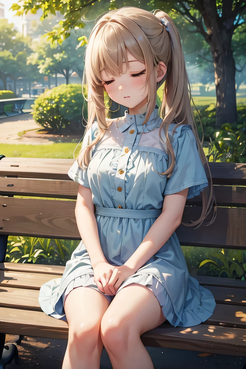 highest quality、High resolution、Detailed Background、(Beautiful face in every detail:1.4)、Anatomically correct、Hide your hands、(Detailed facial expressions)、(Detailed eyes:1.2)、(Detailed eyes:1.2)、Teenage beauty、(Highly detailed face:1.4)、Cute hair colour、Bob、ponytail、Twin tails、well-groomed eyebrows、A picturesque scene、
(A girl sleeping peacefully on a park bench:1.5)、
In a corner of the lush park, there is a bench with a shady, relaxing atmosphere.、
There you can see a girl sleeping with a relaxed expression.、
The soft sunlight reflects off the girl, giving her an angelic aura.、
The way she stretches out her legs and curls up in a ball makes her look like she is enjoying a truly blissful time.、Are you having fun in your dreams?、
Her calm expression truly expresses the girl's happy mood.、
The tranquil space surrounding the girl can truly be described as a picturesque scene.、
If you can quietly capture the girl relaxing, you can get a very cute shot.、
You can capture the gentle image of a girl resting comfortably in nature.