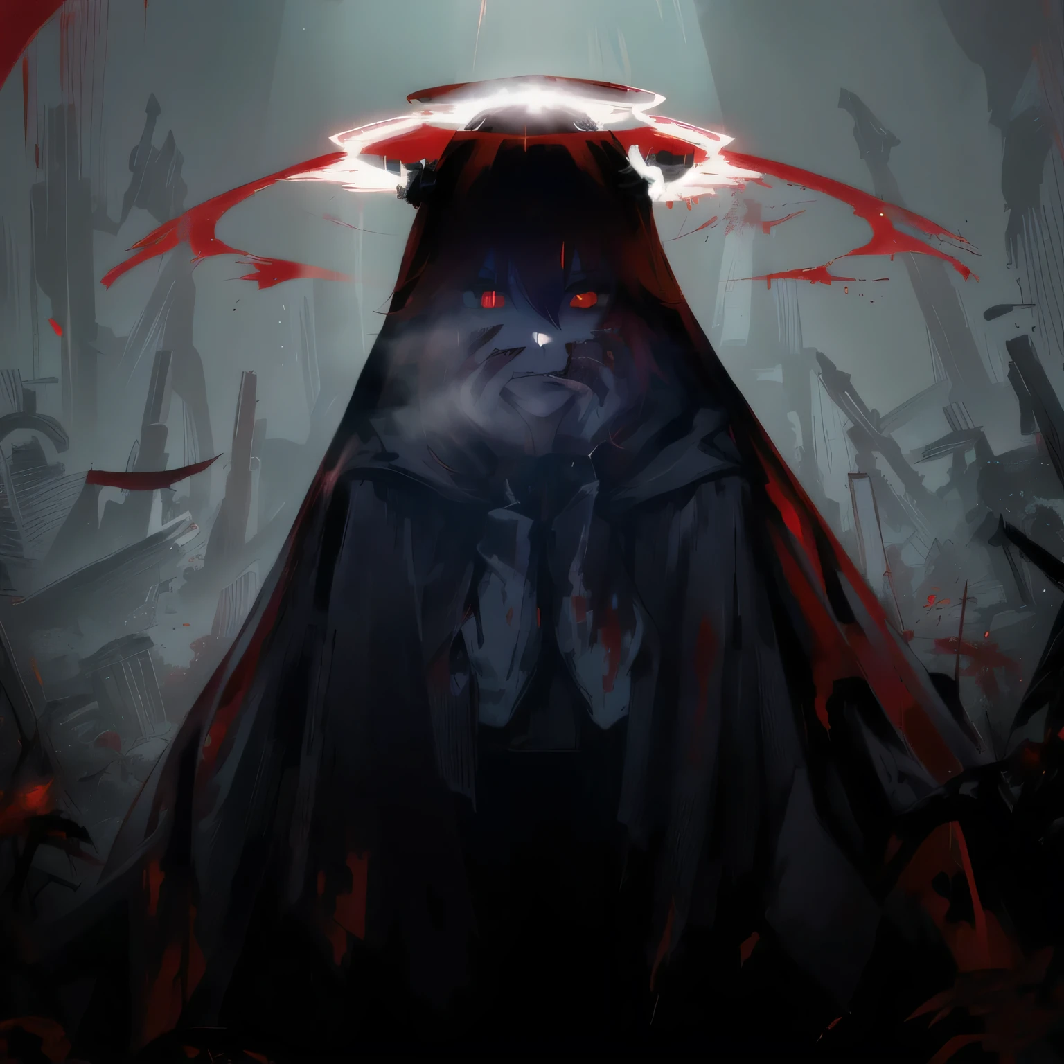 arafed image of a woman with a red cape and a halo, with red glowing eyes, with glowing red eyes, blood dripping from eyes, gapmoe yandere grimdark, red glowing eyes, fully red eyes, his eyes are bleeding intense, blood red eyes, with red eyes, his eyes are red and glowing, eyeless watcher, no face, serious look, no smile.