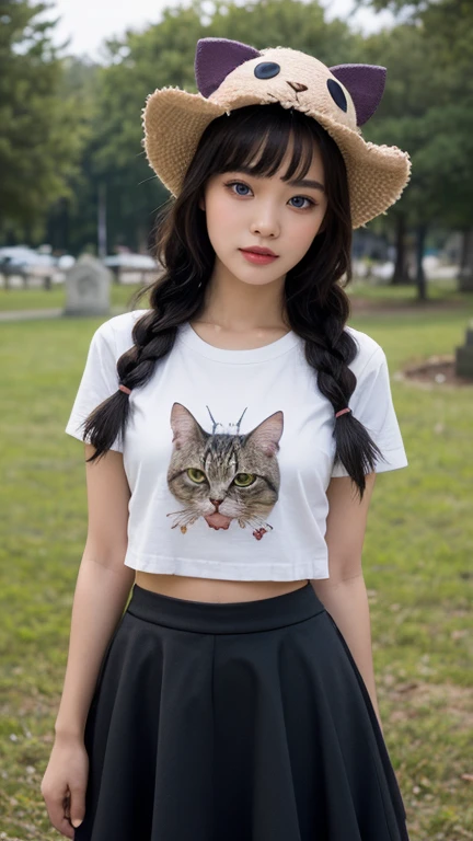 (Highly detailed eyes), (((Textile shading))), (((best quality))), (((Masterpiece))), (((ultra realistic))), fat, sassy girl, halloween girl, smooth black braids, Unusual hairstyle, emo pin girl, crop top, long skirt, Bows for skirts, bows for hair, Kitty hat, chins fot Kitty hat, T-shirt stickers, glove, bump, duplex arm cuff, black and white set, Stand out, Natural makeup, in the grave, scary, Middle of the picture, The picture in the middle, Good girl, innocent girl, at night, ไฟ LED