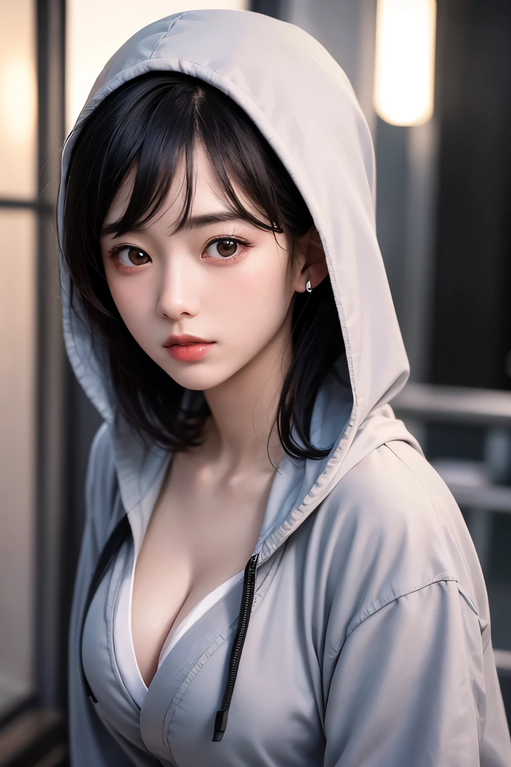 (1 nogizaka girl,raw photo,photo realistic:1.5),(best quality, high quality,HDR, highest quality,ultra high resolution,high resolution,high res,ultra high difinition,huge file size,8K,2K wallpaper,8K wallpaper,high quality texture,amazing,an extremely delicate:1.4),one girl, Japanese famous idol,beautiful face,small face,absurd,ridiculous,incredibly ridiculous,portrait,breasts close up,blurry background,(hooded,cleavage,no makeup:1.2),(six_heads tall),medium skin,beautiful skin,detailed skin,six heads tall,black hair,silky hair,(Japanese eyes:1.3),detailed eyes,black eyes,Japanese idol eyes,(tareme:1.5),Japanese nose,5-fingers,(Light Particles, Lens Flare, Luminous Particles: 0.7),looking at viewer,bright lighting,professional lighting,girl