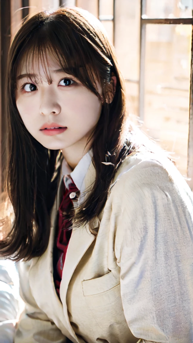 Graduation Ceremony、high school girl、uniform 、Navy Blue Blazer、Bedroom、Lying in bed、Perfect balance、cute、((18-year-old female:1.2))、Young and adorable Japanese face，Big Breasts, valley, Official Art，Highly detailed CG Unity 8k wallpaper，（masterpiece:1.0),(highest quality:1.0), High resolution,4K,Very detailed, photo shoot, 8k, Hmph, High resolution, Kodak Portrait 400, Film Grain, Lens flare brilliance, Professional Lighting,Cinematic Light, View Viewer