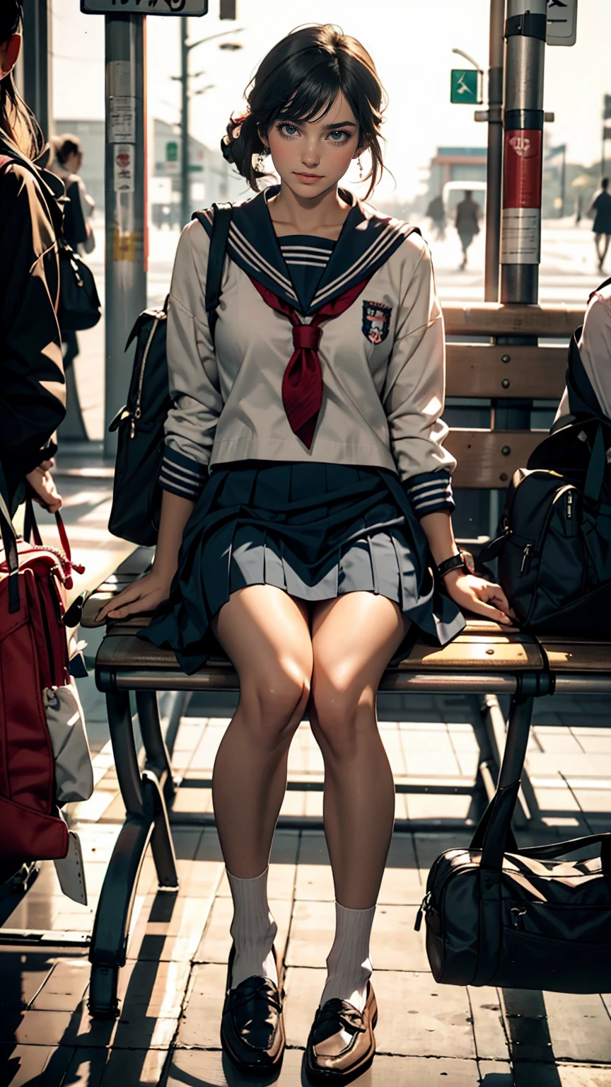 Japanese 、Sailor suit、Navy blue mini pleated skirt、loafers、School bag、Sitting in a chair with a classmate of the same sex in the bus stop waiting room while waiting for the bus、one summer day