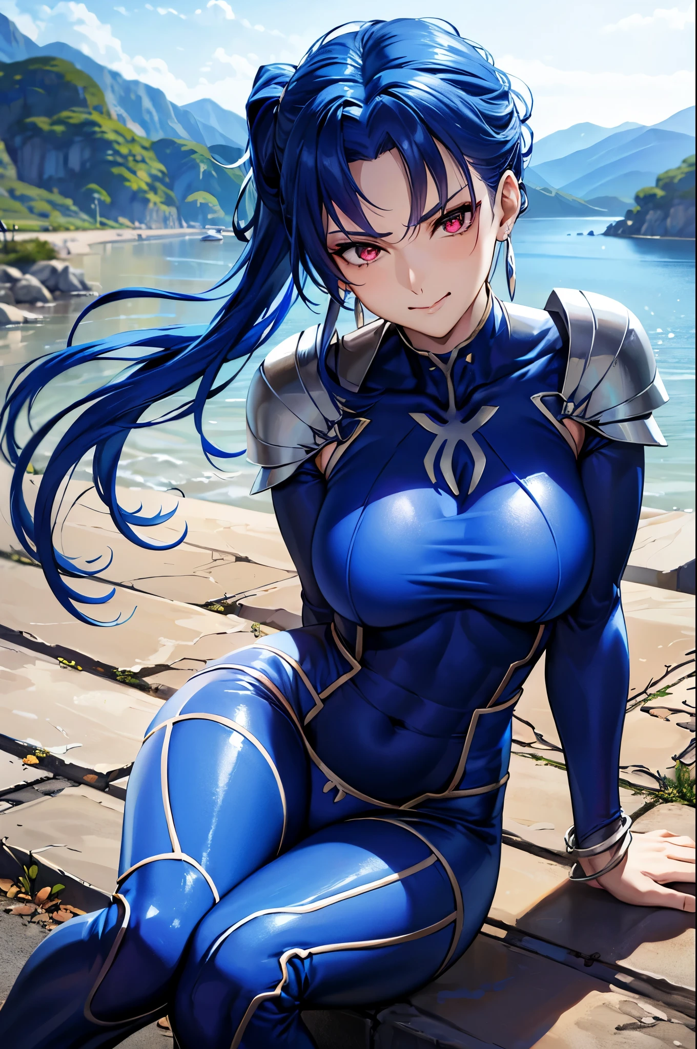 (masterpiece, best quality:1.2), expressive eyes, perfect face, highres, 1girl, solo, (female:1.5), cu chulainn - lancer (fate), blue hair, long hair, spiked hair, low ponytail, red eyes, (blue bodysuit:1.5), bracelet, earrings, jewelry, necklace, shoulder armor, landscape, smirk, sitting on foor, open legs, crotch, knees up, portrait, looking at the viewer