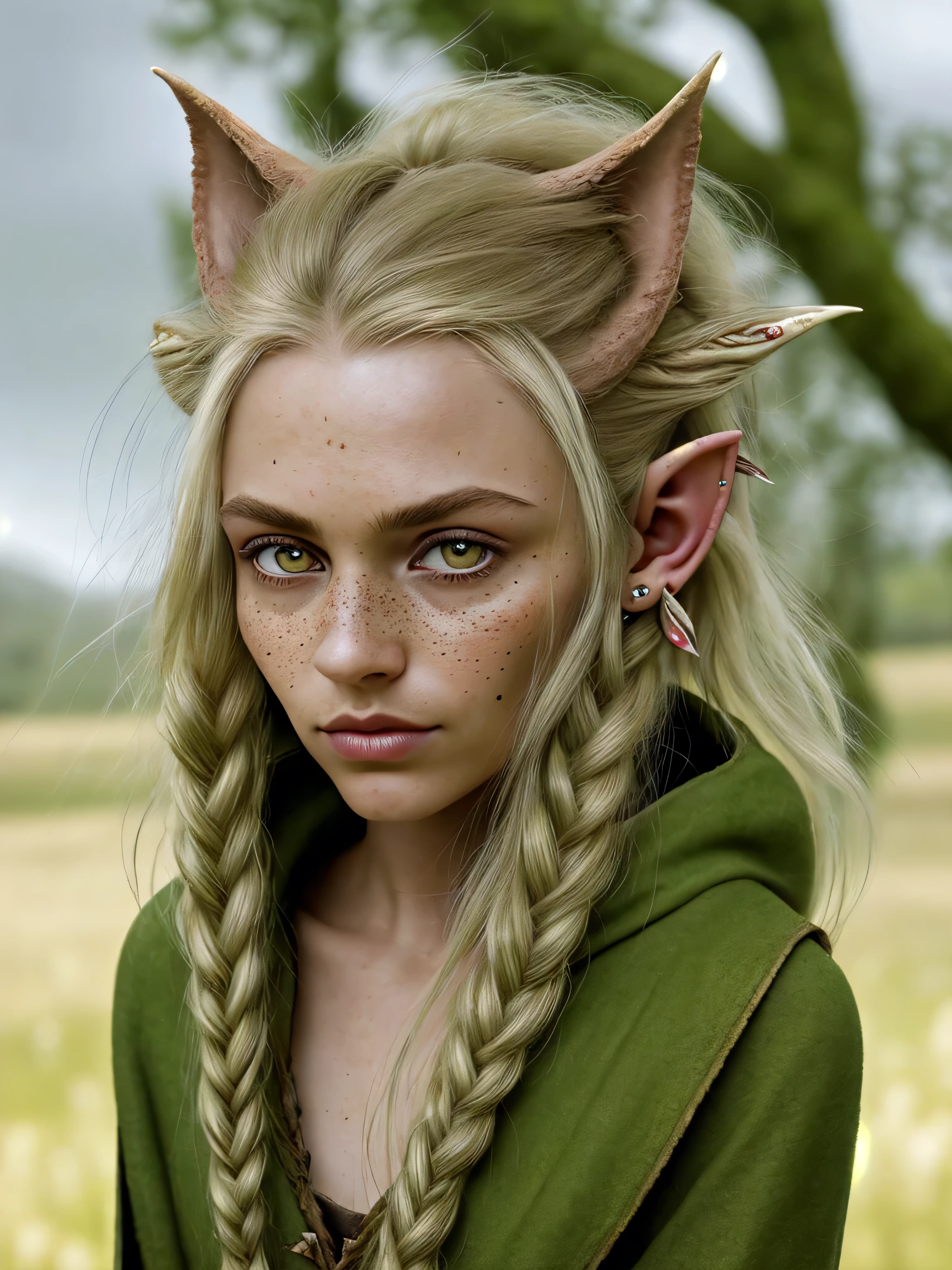 A beautiful Elven ((woman)) highly defined elven features big eyes ,small pokies ((small pokies)) peroxide ((long blonde messy windswept hair)) flowers in hair,(((small pointed ears))), sitting in highly detailed rural french (meadow) setting ,wearing Medieval green cloak and (furs, leathers, and roughly spun cloths, such as hemp or linen). eyeliner, blush, lipstick, natural freckles,, art gallery, professional photography, Sony fx6 digital camera, atmospheric, highly detailed, UHD, both eyes the same, masterpiece, high resolution, ultra quality, 16K, skin pores, matte ,(dancing) ,model pose ,Patrick Lichfield, rule of thirds