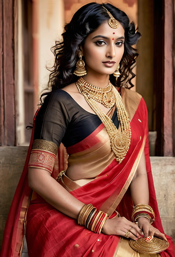 Queen of extremely fair complexion wearing gold plated indian red saree, necklace, haiir accessories, bangles, jewellery, waist band,black long flowy hair, resring on the lap of an indian king of dark complexion in indian dhoti and ancient indian male jewelry, neck length curly hair with ancient indian male hair accessories 
