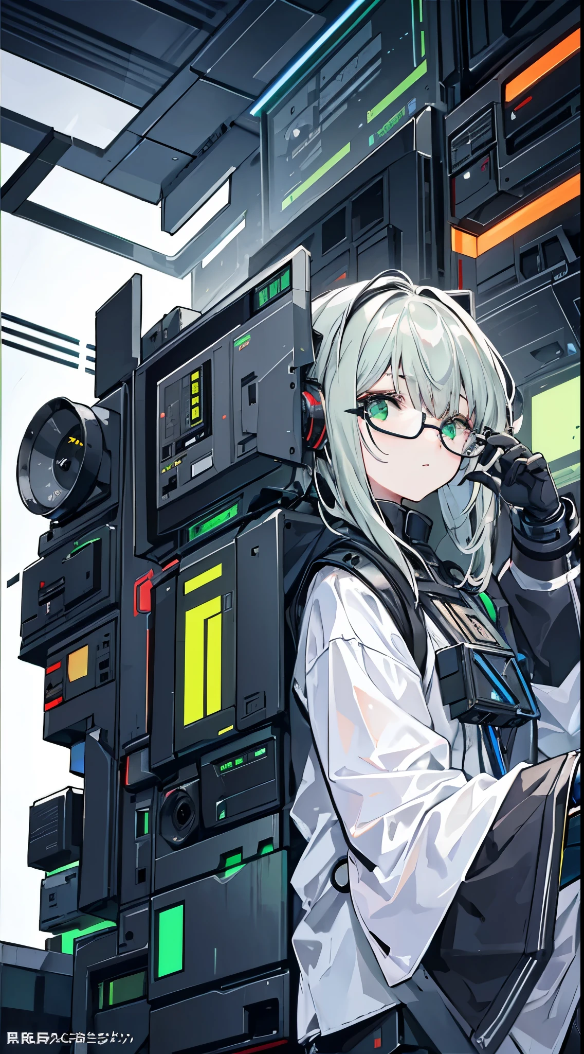 A middle-aged woman,Semi-mechanical modification,Droid,Droid专Home,Green Eyes,Watching,(black gray hair:1.5),Home,programmer,Hold your head,sit on the chair,White coat,White coat,White Robe,White coat,Research suits,shirt,Office,Droid Minions,earphone,单片Glasses,Glasses,eyepiece,Condescending,Watching,bootonolithic eyepieces,Decision tasks,Mature,Cyberpunk Characters,Mechanical backpack,At work,