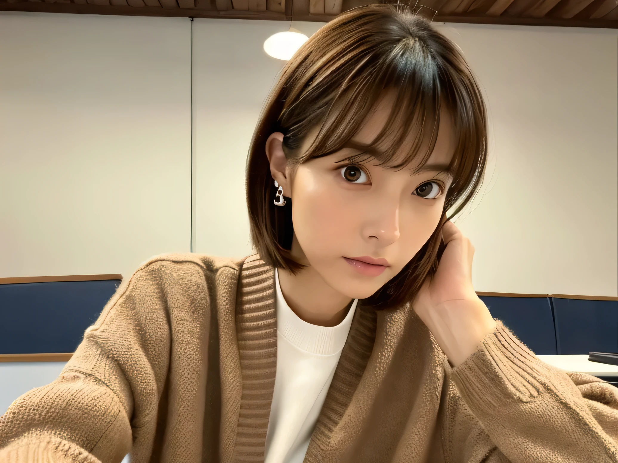 Look into the eyes,　Eye contact,　Front of face,　Front face,　face,　head,　Cross-legged,　indoor,　Brown Hair,　bangs,　Light clothing,　cardigan,　Sweat,　Sweaty,　Sweat,　clavicle,　Cross-legged,　Light from below,　chest,　Earrings