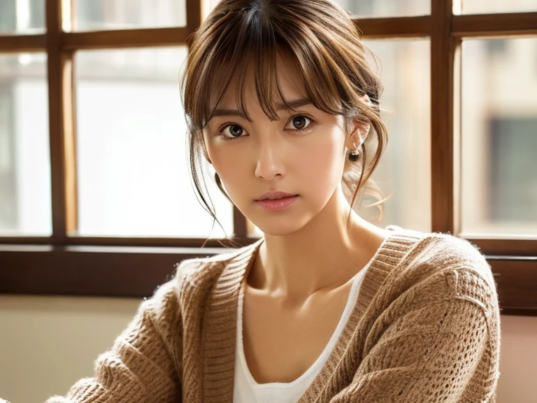 Look into the eyes, Eye contact, Front of face, Front face, face, head, Cross-legged, indoor, Brown Hair, bangs, Light clothing, cardigan, Sweat, Sweatだく, Sweatかき, clavicle, Cross-legged, Light from below, chest, Earrings