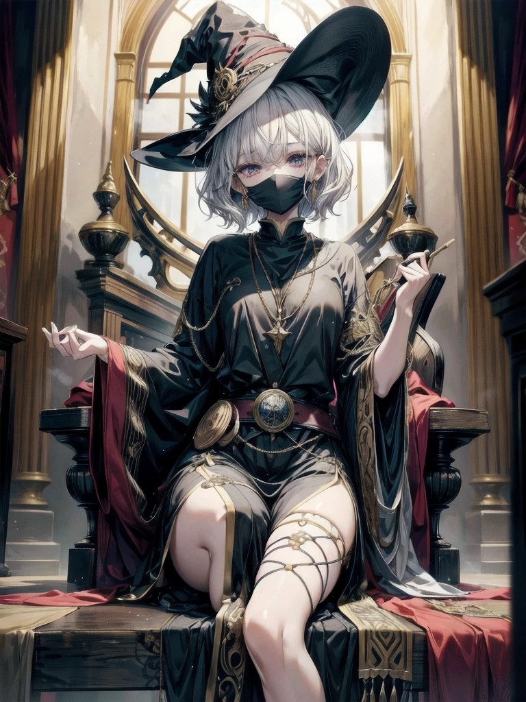 whole body, Anime character, arcane books and scrolls, a grand fireplace, traditional witch outfit, hat, absurdres, RAW photo, extremely delicate and beautiful, masterpiece, Best Quality, ultra high resolution, 32k, hyperrealistic, ultra-detailed, perfect figure, perfect shape, detailed description, pale skin, 20 years old, detailed beautiful face and eyes, tearful mole, earring, short medium hair, wavy hair,