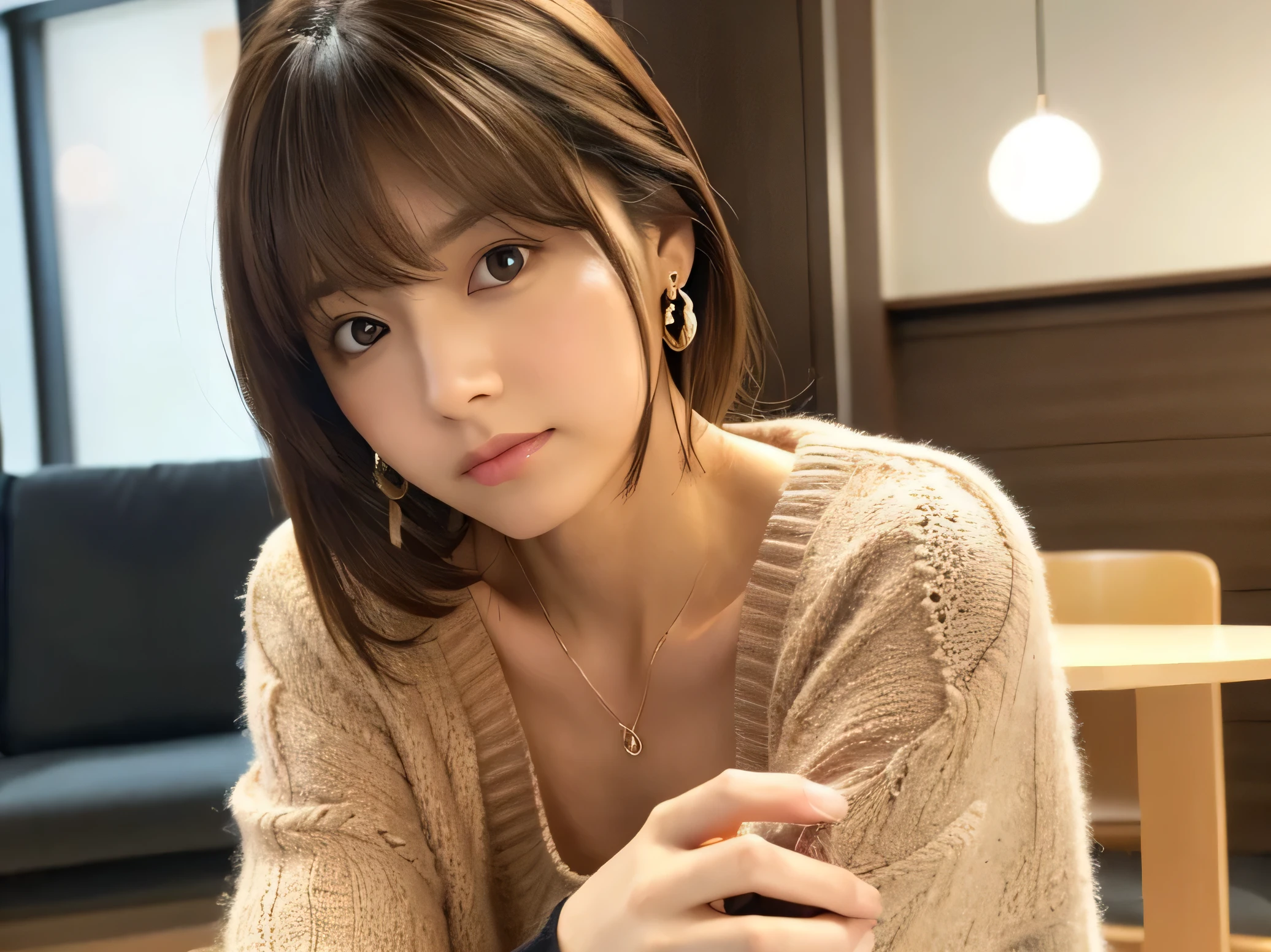 Look into the eyes, Eye contact, Front of face, Front face, face, head, Cross-legged, indoor, Brown Hair, bangs, Light clothing, cardigan, Sweat, Sweaty, Sweat, clavicle, Cross-legged, Light from below, chest, Earrings