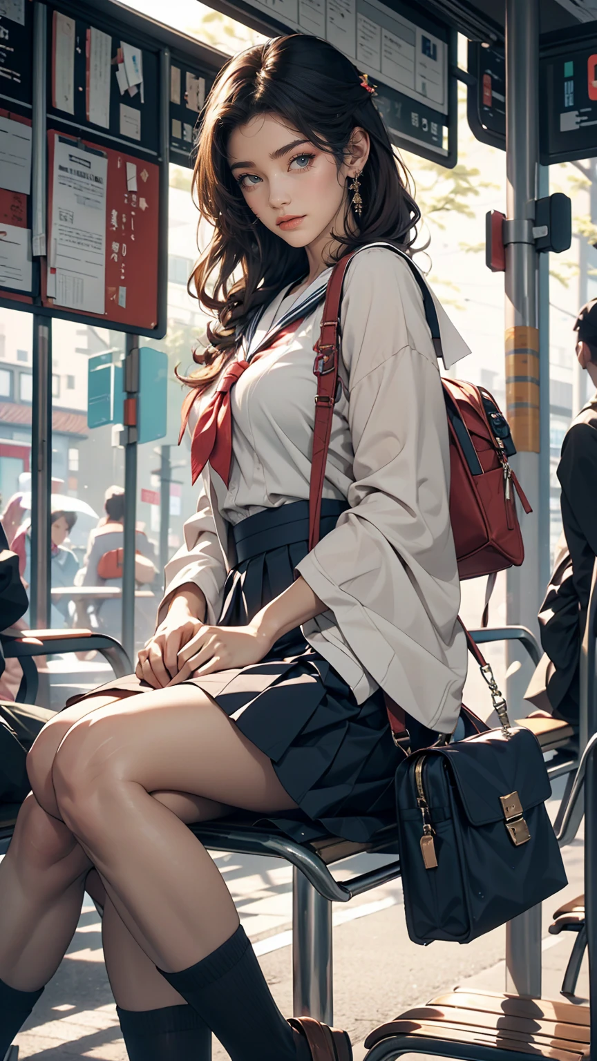 Japanese 、Sailor suit、Navy blue mini pleated skirt、loafers、School bag、Sitting on a chair in the bus stop waiting room, waiting for the bus、one summer day、smile、Only one person in the waiting room