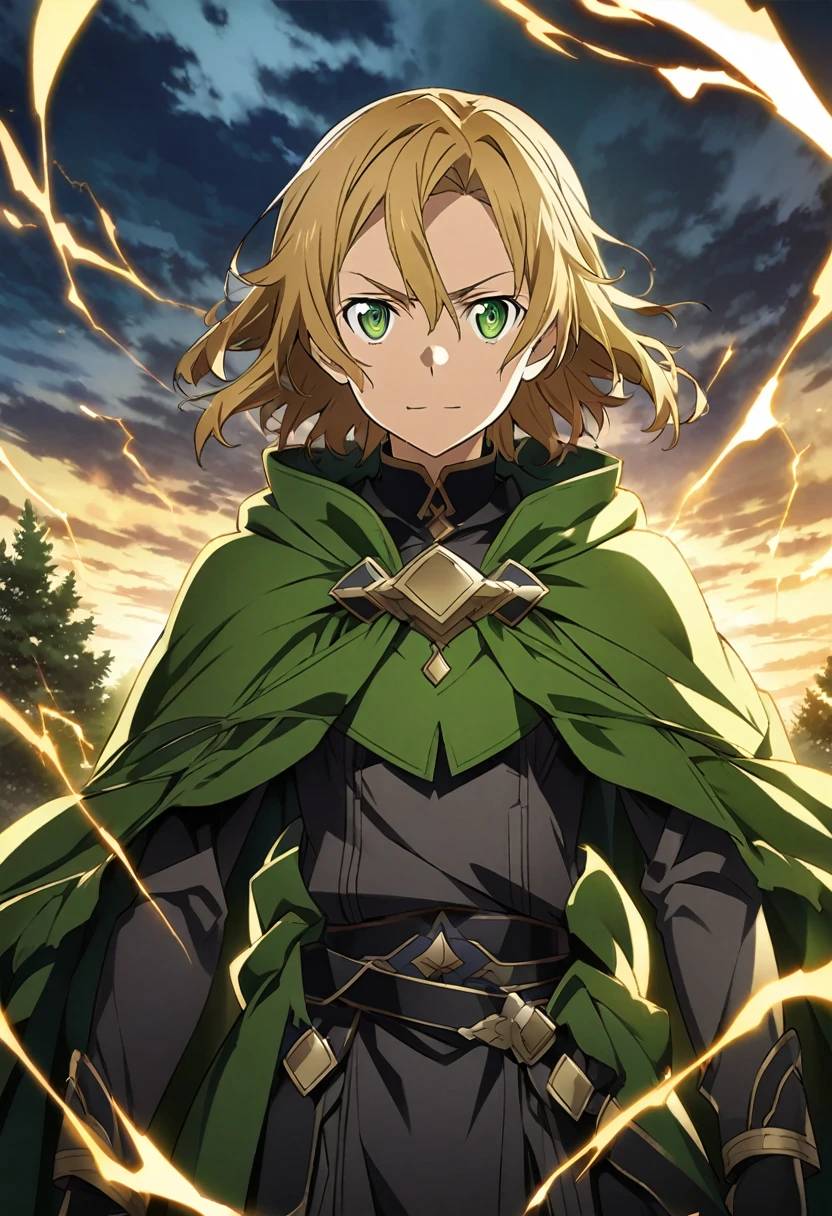 Sawada Tsunayoshi \(Sword Art Online\), short golden hair, sharp forest green eyes:1.2, dark heroic costume, bangs, serious face, smiling sharply, ((ultra-detailed)), ((illustration)), ((disheveled hair)), (beautiful detailed eyes), male, 1boy, standing, ((thunder filled sky)), looking at viewer