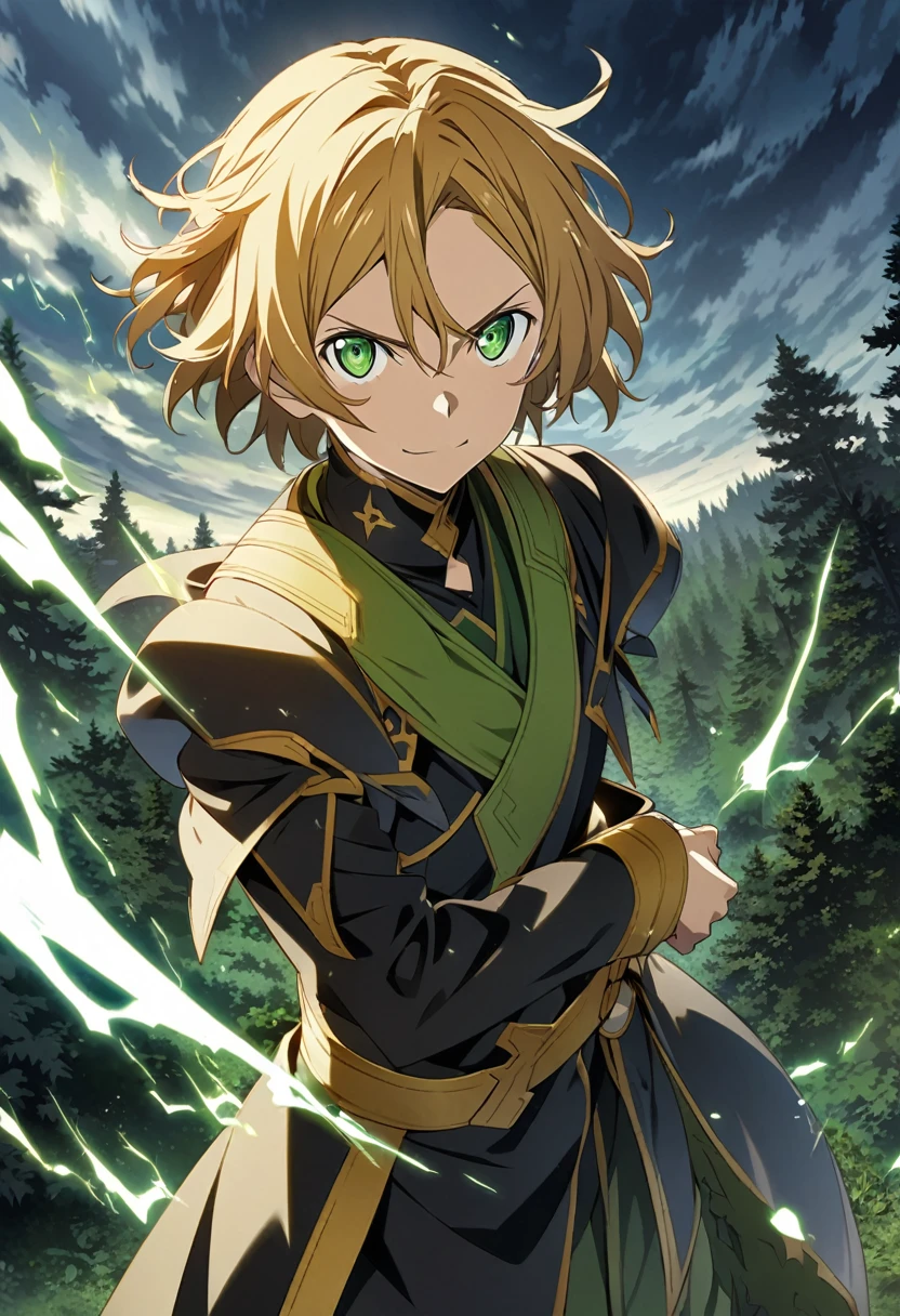 Sawada Tsunayoshi \(Sword Art Online\), short golden hair, sharp forest green eyes:1.2, dark heroic costume, bangs, serious face, smiling sharply, ((ultra-detailed)), ((illustration)), ((disheveled hair)), (beautiful detailed eyes), male, 1boy, standing, ((thunder filled sky)), looking at viewer