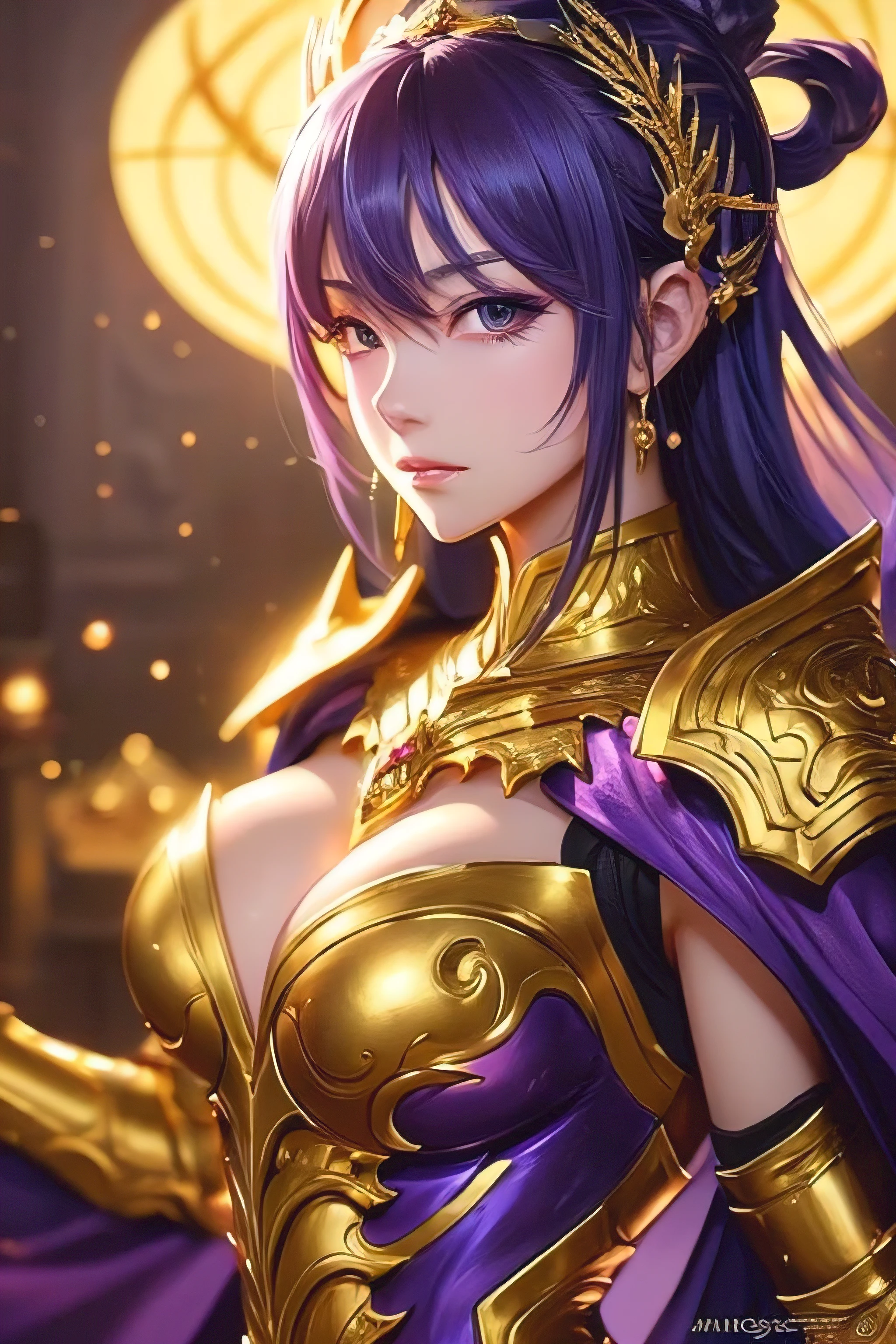 Close-up of a woman in a gold and purple dress, Chengwei Pan at Art Station, by ヤン・J, Detailed fantasy art, Amazing character art, Fan Art Best Art Station, Magnificent and elaborate character art, Beautiful Armor, Highly detailed art, Detailed digital anime art, artgerm の artstation pixiv, Girl in armor