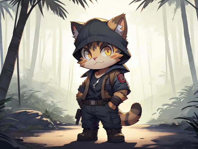 2 characters, Cat and cat dressed as Rambo from the movie, chibi, standing, Rainforest background, Stunning Style
