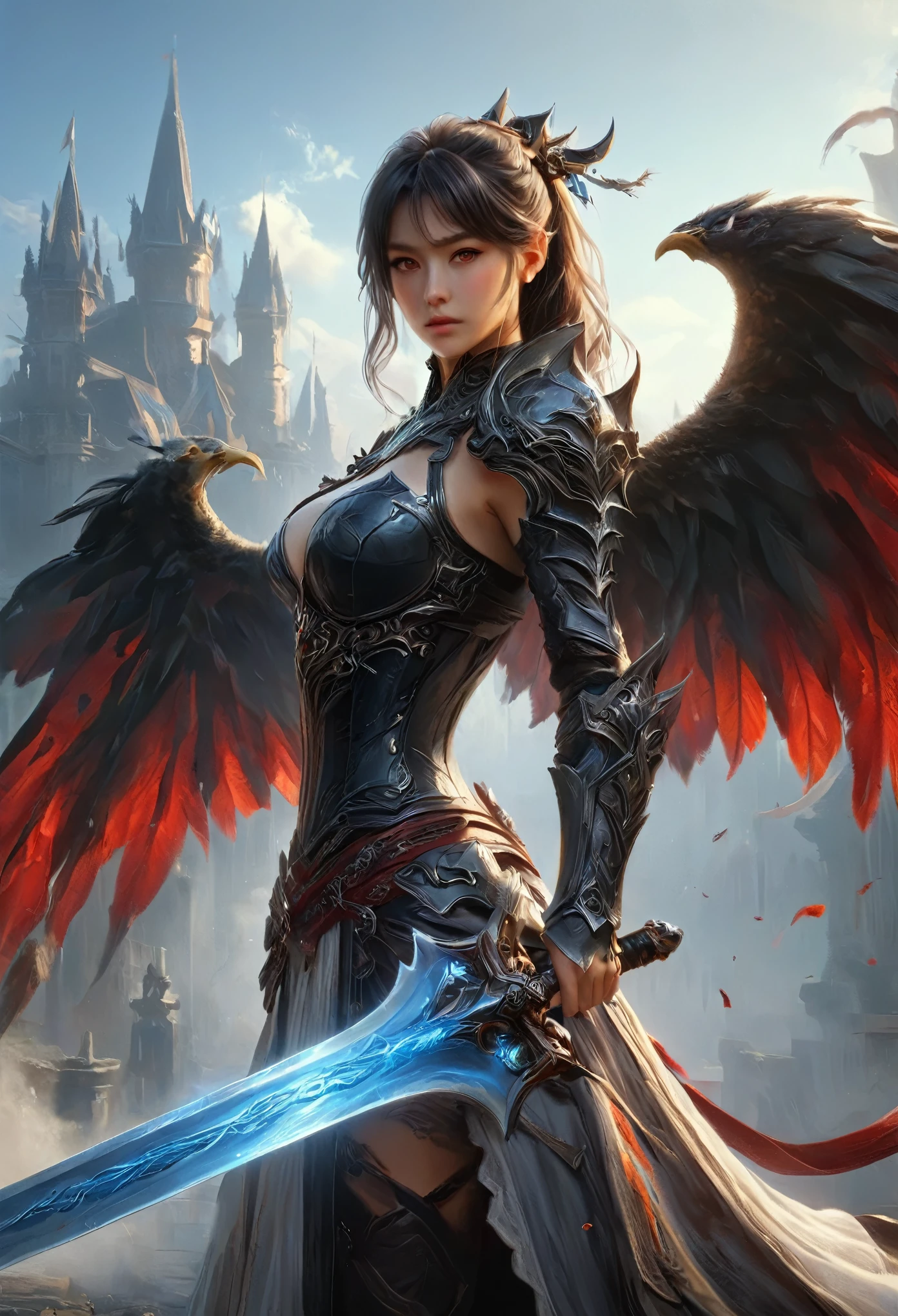 (best quality,4k,highres,masterpiece:1.2),ultra-detailed,(realistic,photorealistic:1.37),(highest quality), (detailed), Light Layer, Shiny skin, (intricate detailed, Tight clothes, Devil's Wings, hair ornaments:1.2), From above, Black Hair, Black choker, Long Hair, Hime cut, woman, Blunt bangs, Side Lock, Red eyes, Holding a walking stick,Holding a scythe,Holding a sword, (young woman:1.1), Side Ponytail  (Simple Background:1.1),  