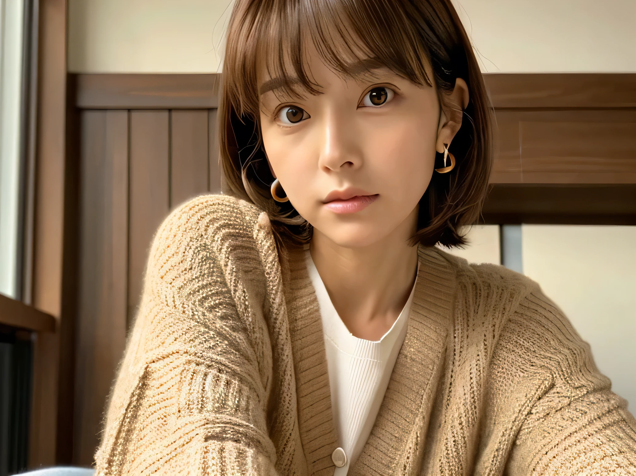 Look into the eyes,　Eye contact,　Front of face,　Front face,　face,　head,　Cross-legged,　indoor,　Brown Hair,　bangs,　Light clothing,　cardigan,　Sweat,　Sweaty,　Sweat,　clavicle,　Cross-legged,　Light from below,　chest,　Earrings