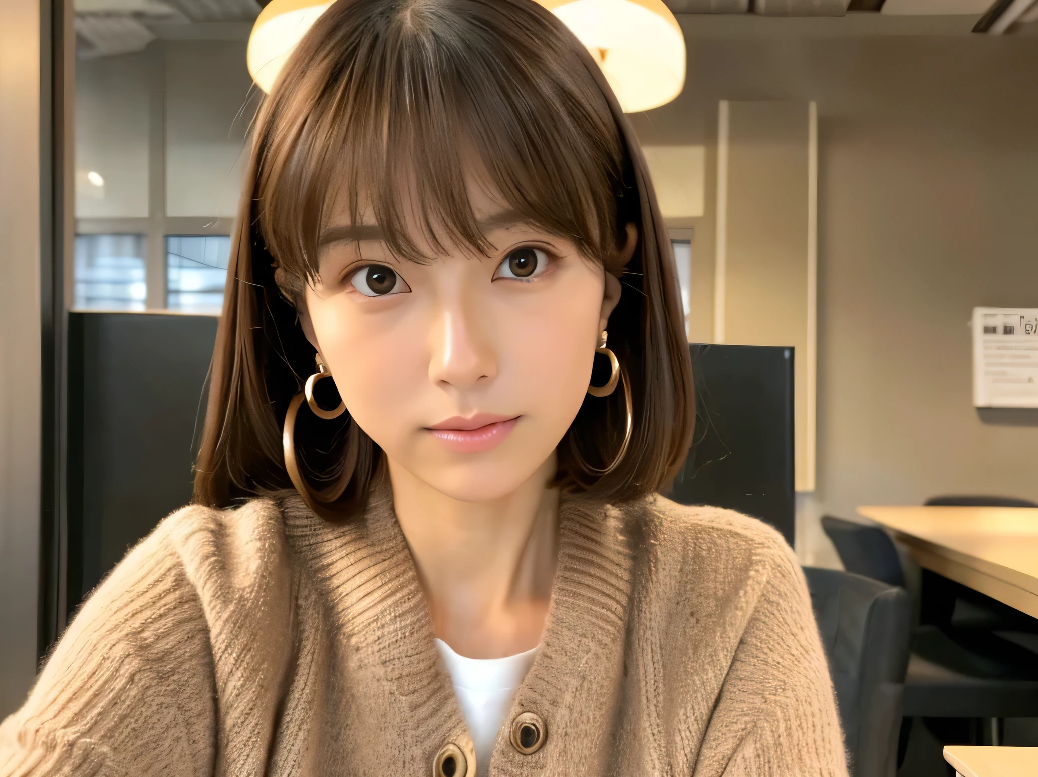 Look into the eyes, Eye contact, Front of face, Front face, face, head, Cross-legged, indoor, Brown Hair, bangs, Light clothing, cardigan, Sweat, Sweaty, Sweat, clavicle, Cross-legged, Light from below, chest, Earrings