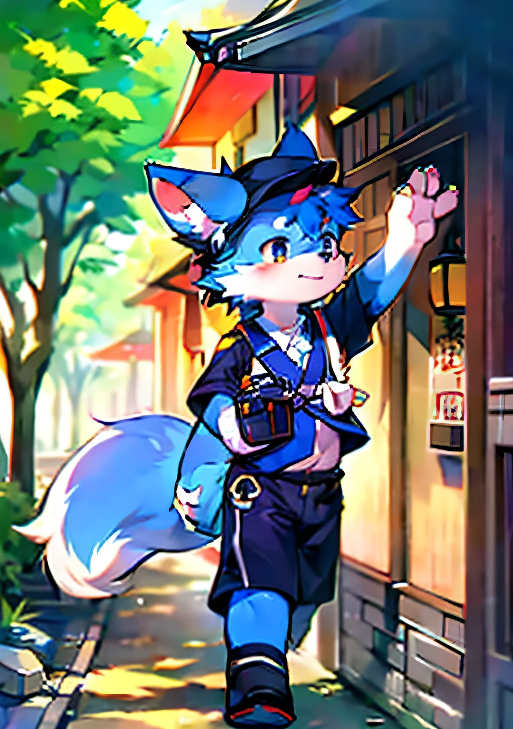 Blue fur, Canine, fox motif, boy, uniform, School Street、Japan、Tokyo、high resolution，